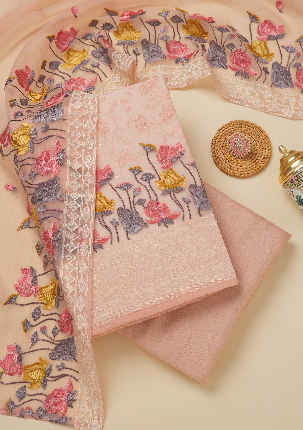 Koskii Peach Threadwork Organza Unstitched Salwar Suit