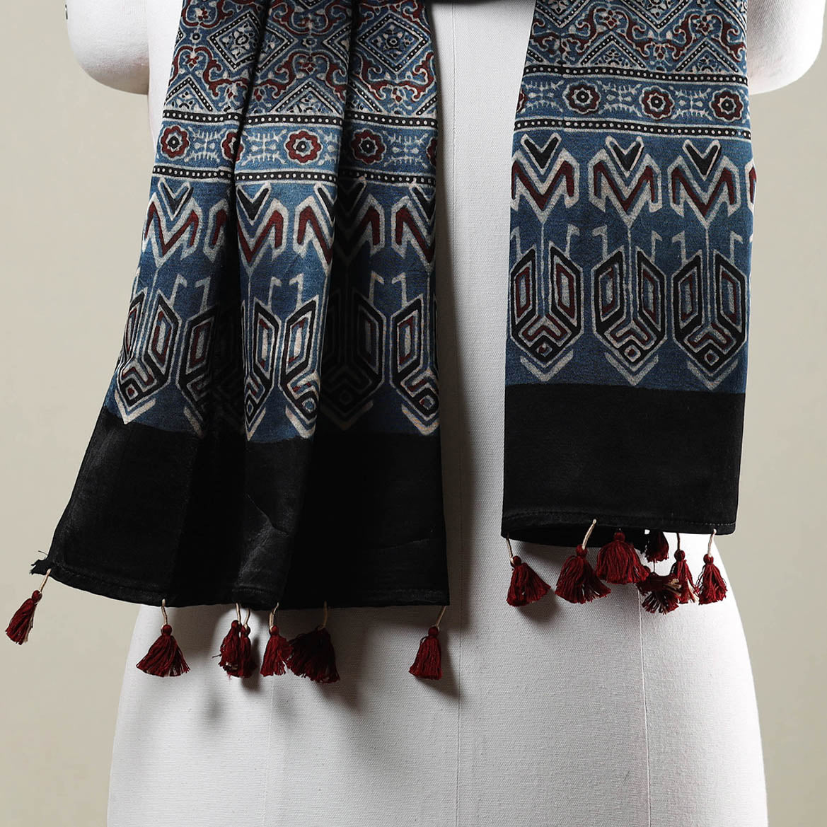 RIYAZ ABDULMAJID KHATRI - AJRAKH Blue - Ajrakh Hand Block Printed Mashru Silk Stole with Tassels - view 3