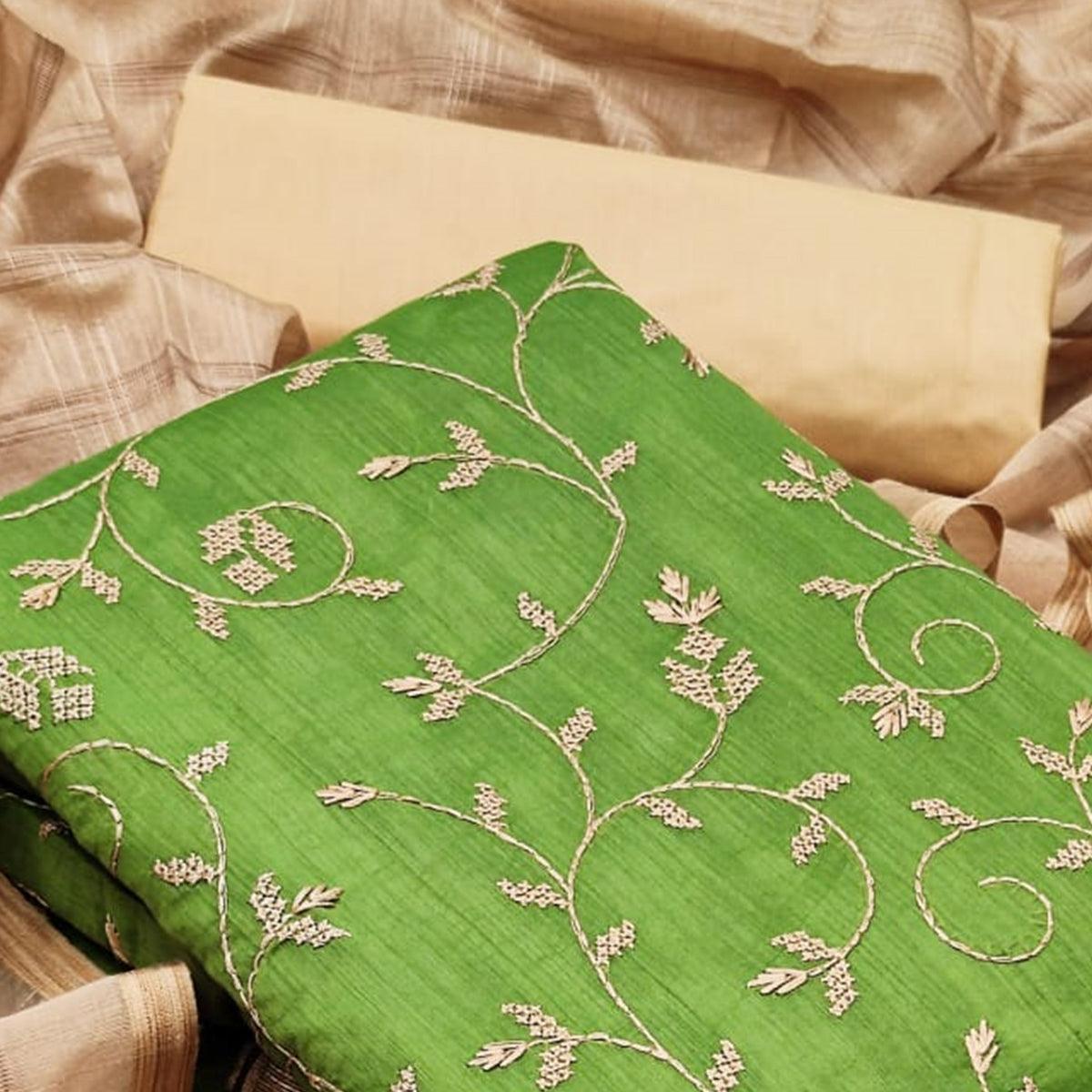 Peachmode Eye-catching Mehendi Green Colored Casual Wear Embroidered Chanderi Dress Material - view 3