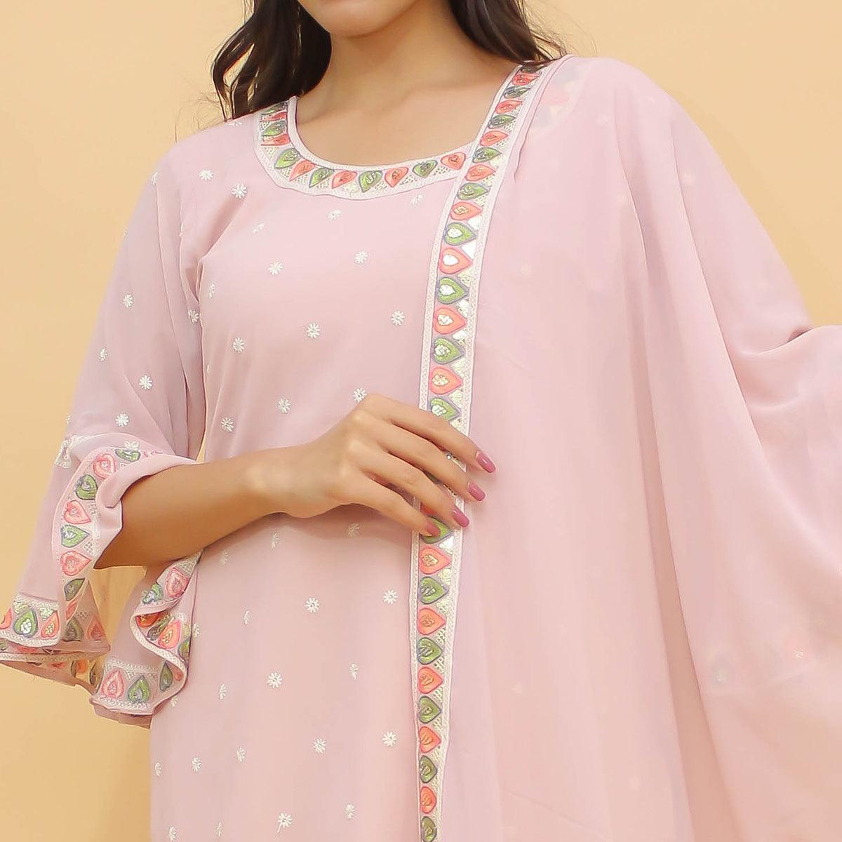 Peachmode Dusty Pink Sequins Embroidered With Foil Georgette Sharara Suit - view 2