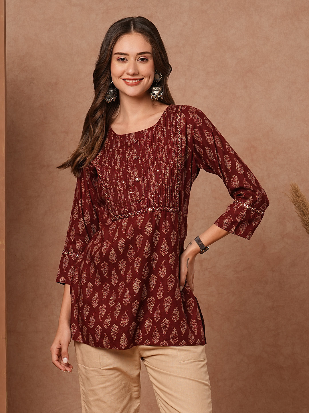 Fashor Ethnic Printed Mirror, Resham & Sequins Embroidered Kurti - Maroon - view 3
