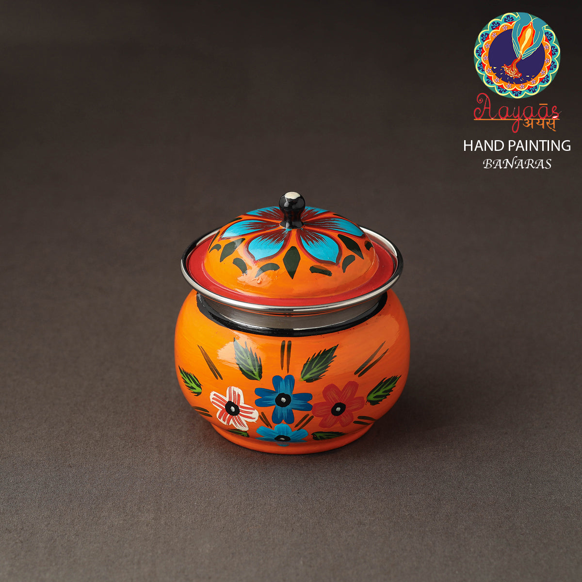 AAYAAS Banaras Handpainted Stainless Steel Small Ghee Pot with Spoon (250ml)