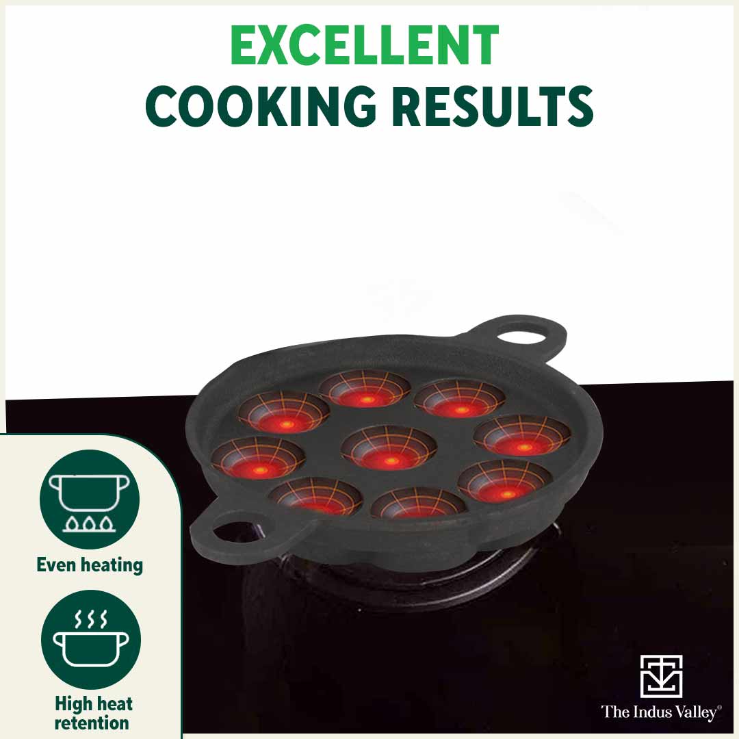 The Indus Valley Super Smooth 9 Pit/Cup Cast Iron Paniyaram/Appe Pan+ Free Spatula, Pre-seasoned, Natural Nonstick, 100% Pure, Toxin-free, 21 cm, 2.8k - view 7