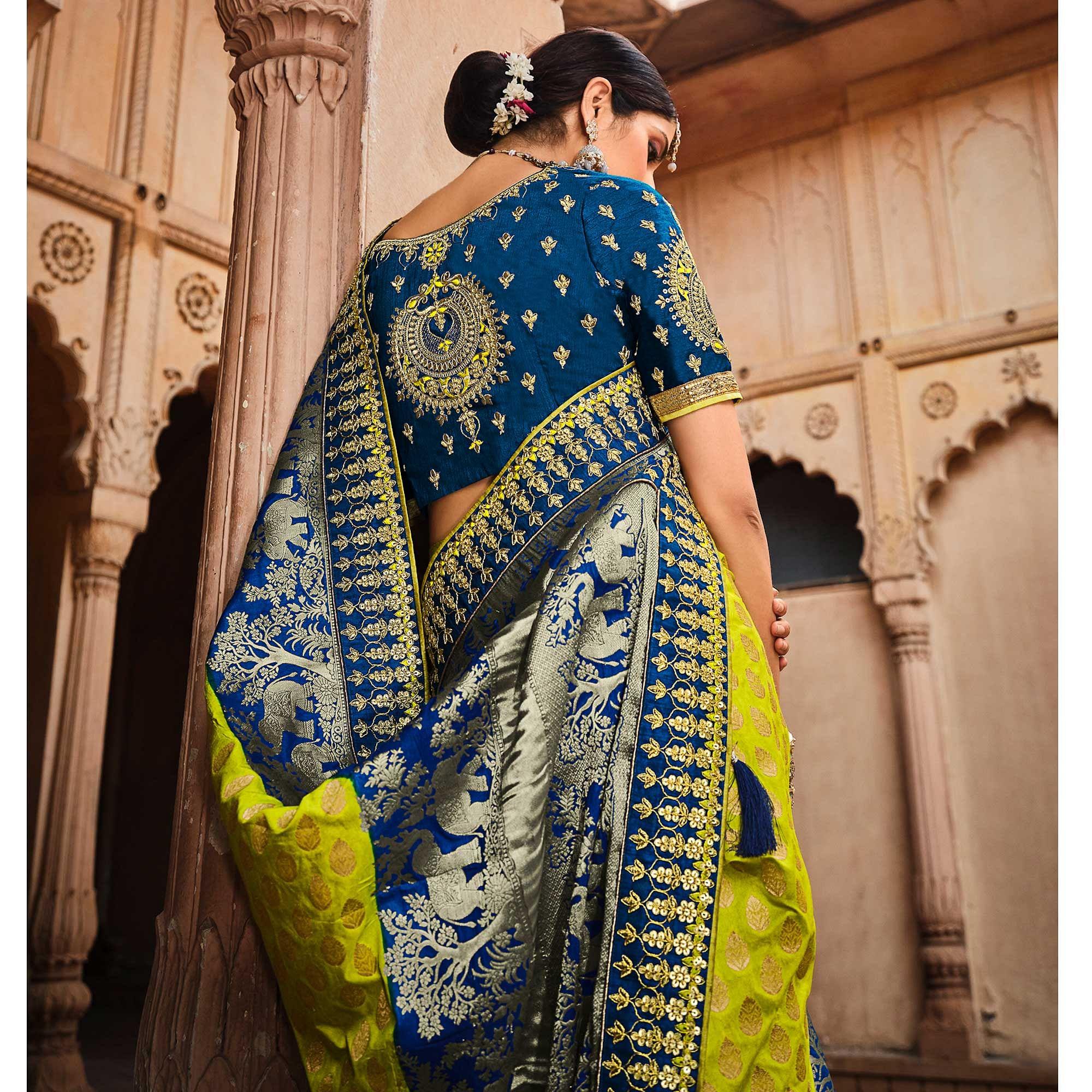 Peachmode Blue-Parrot Green Festive Wear Woven With Zari & Diamond Work Banarasi Silk Saree - view 2
