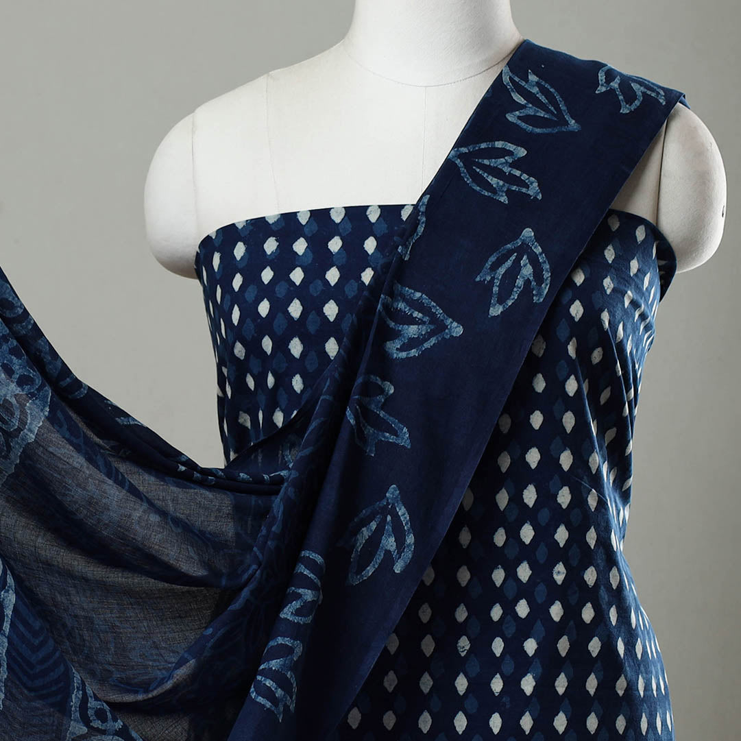 ARTISAN HAND BLOCK PRINTS Blue - 3pc Cotton Indigo Bagru Print Dress Material Set 12 - view 3