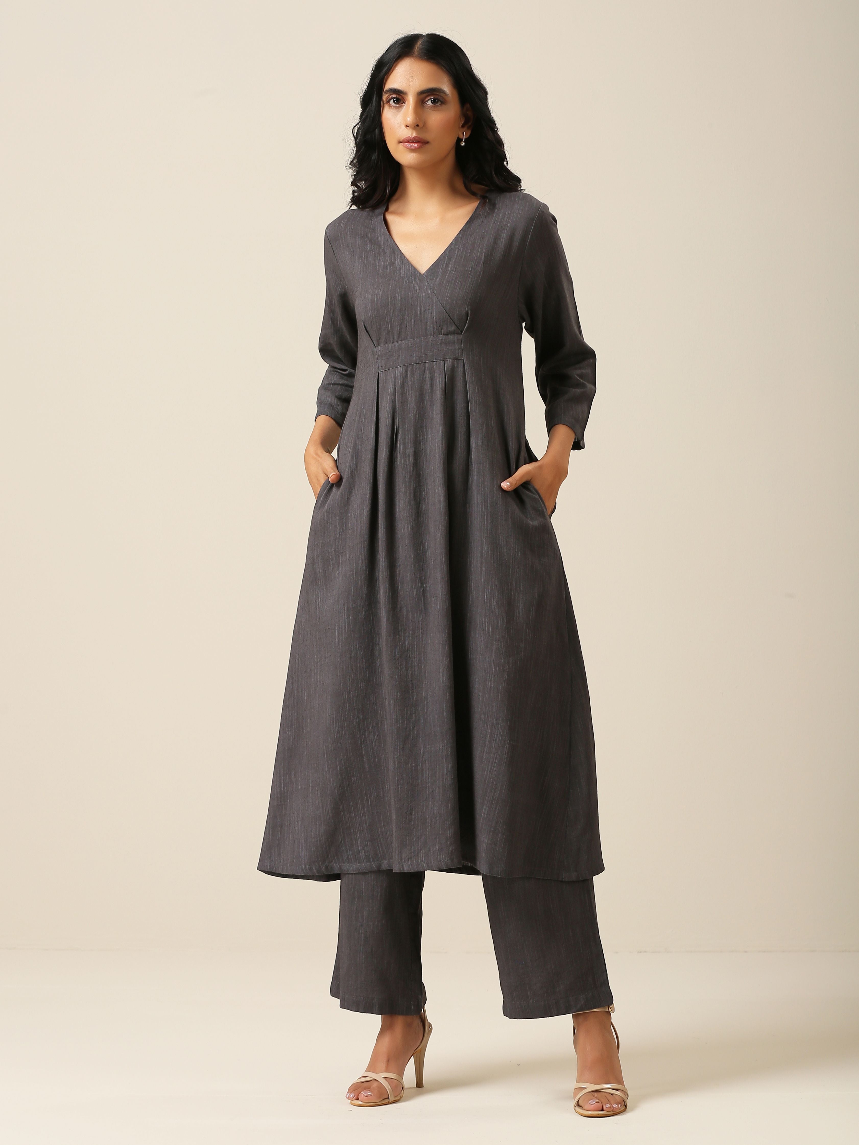 Slate Grey Slub Texture Overlap Pleat Kurta Pant Set | Relove
