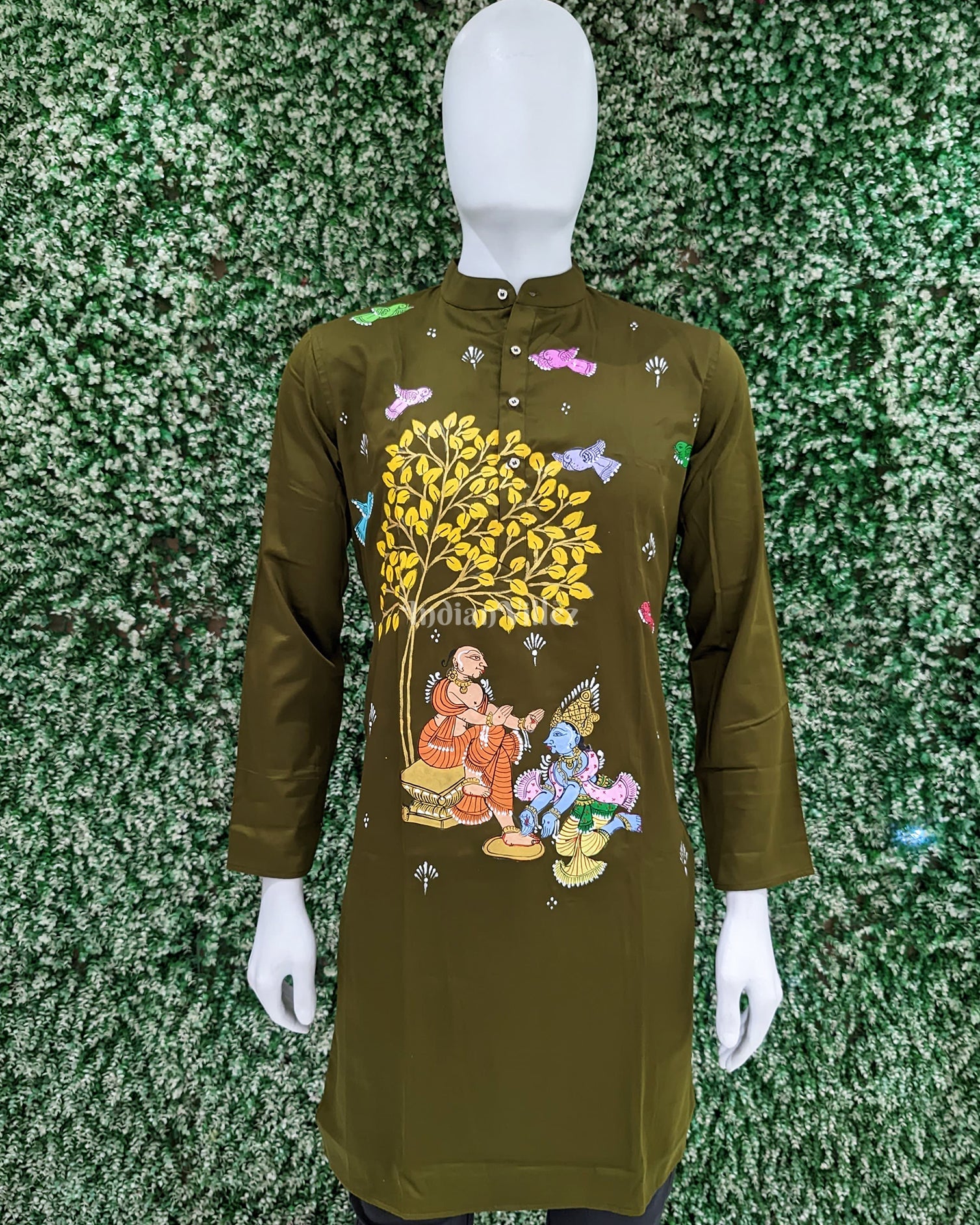 IndianVillèz Moss Green Krishan Washing Sudama Feet Hand-Painted Pattachitra Kurta