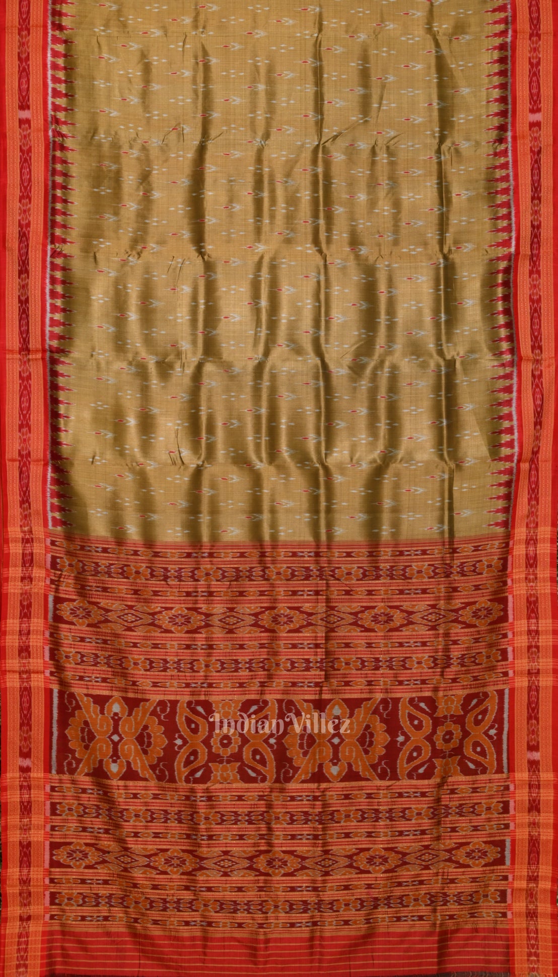 IndianVillèz Khaki Red Mayur Chandrika Khandua Silk Saree