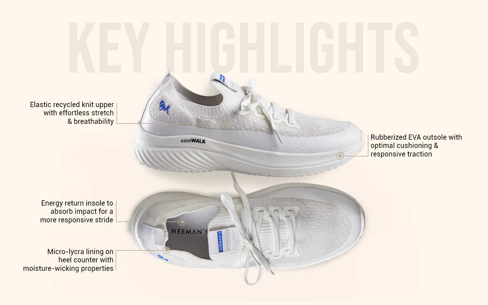 Neeman's Ease Walk Sneakers : White - view 3