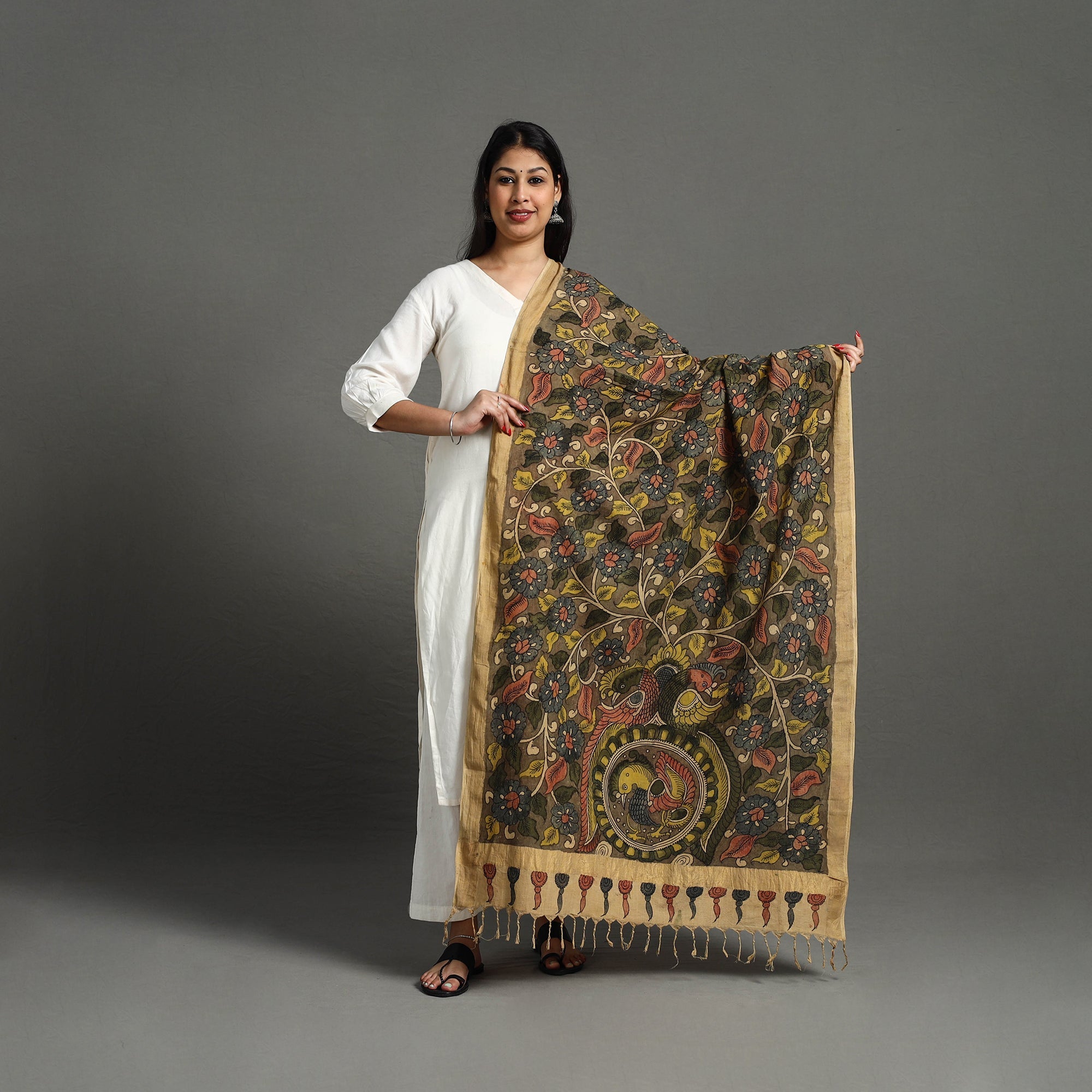 SOUTH KARGHA Brown - Mangalagiri Cotton Handpainted Pen Work Kalamkari Dupatta 11