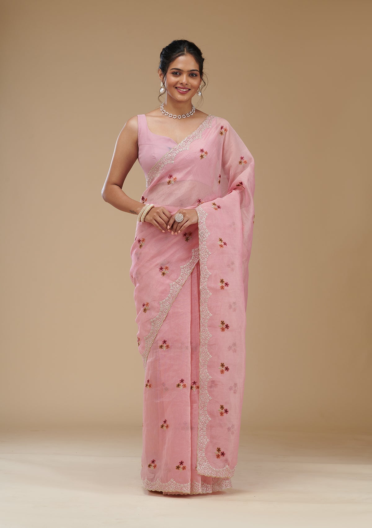 Koskii Pink Threadwork Tissue Saree – Women's