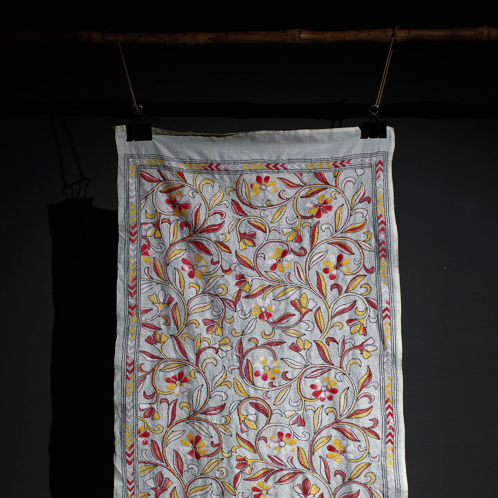 KHUSHBASH - HAPPY LOOM OF EAST Bengal Kantha Hand Embroidery Tussar Silk Wall Hanging (79 x 22 in) - view 2