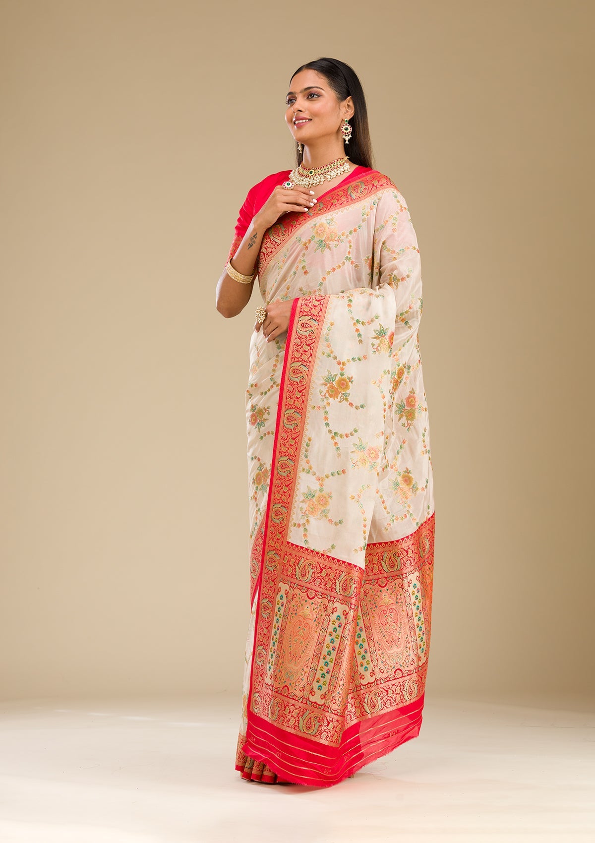 Koskii Beige Zariwork Banarasi Silk Saree – Women's - view 5