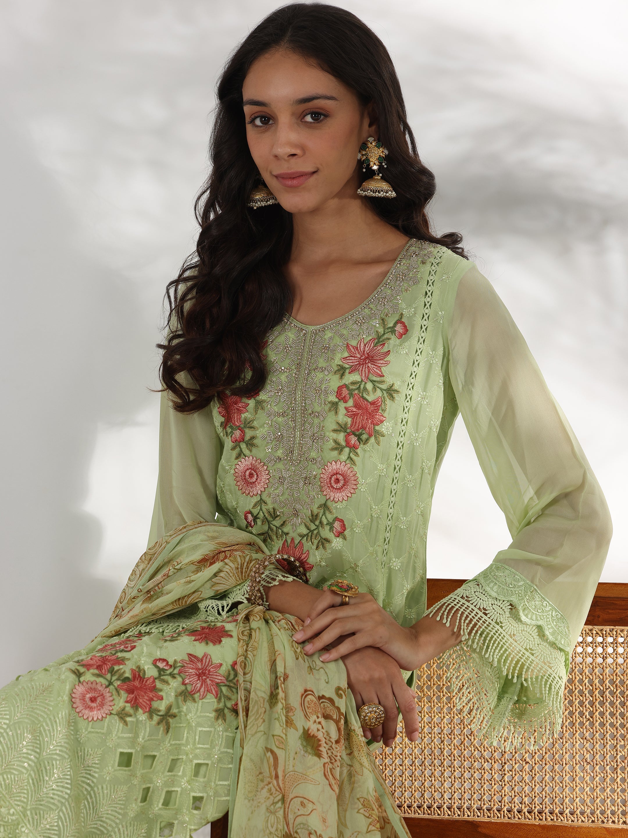 Libas Green Embroidered Organza Straight Suit With Dupatta - view 6