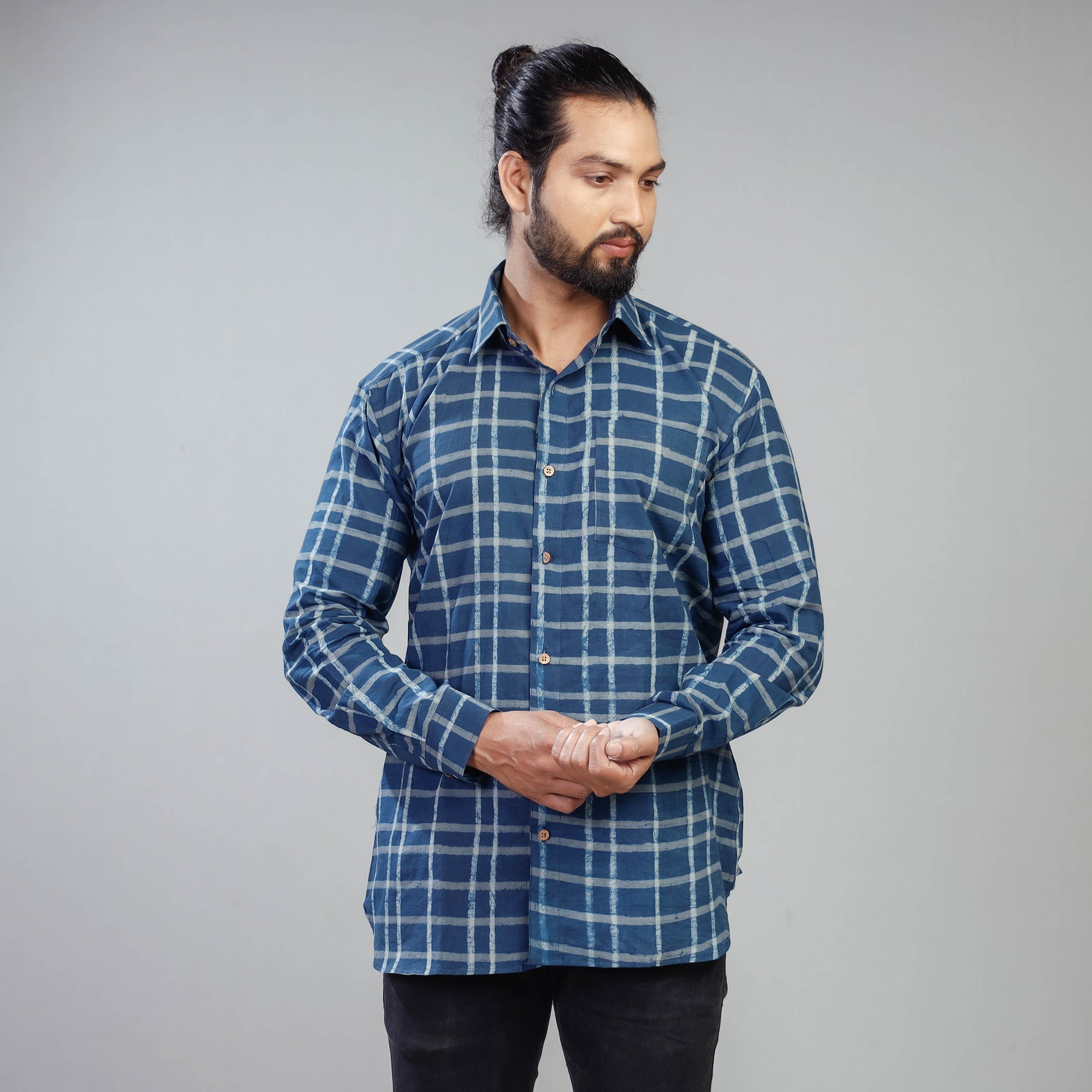 ITOKRI CASUALS Blue - Akola Block Printing Cotton Men Full Sleeve Shirt