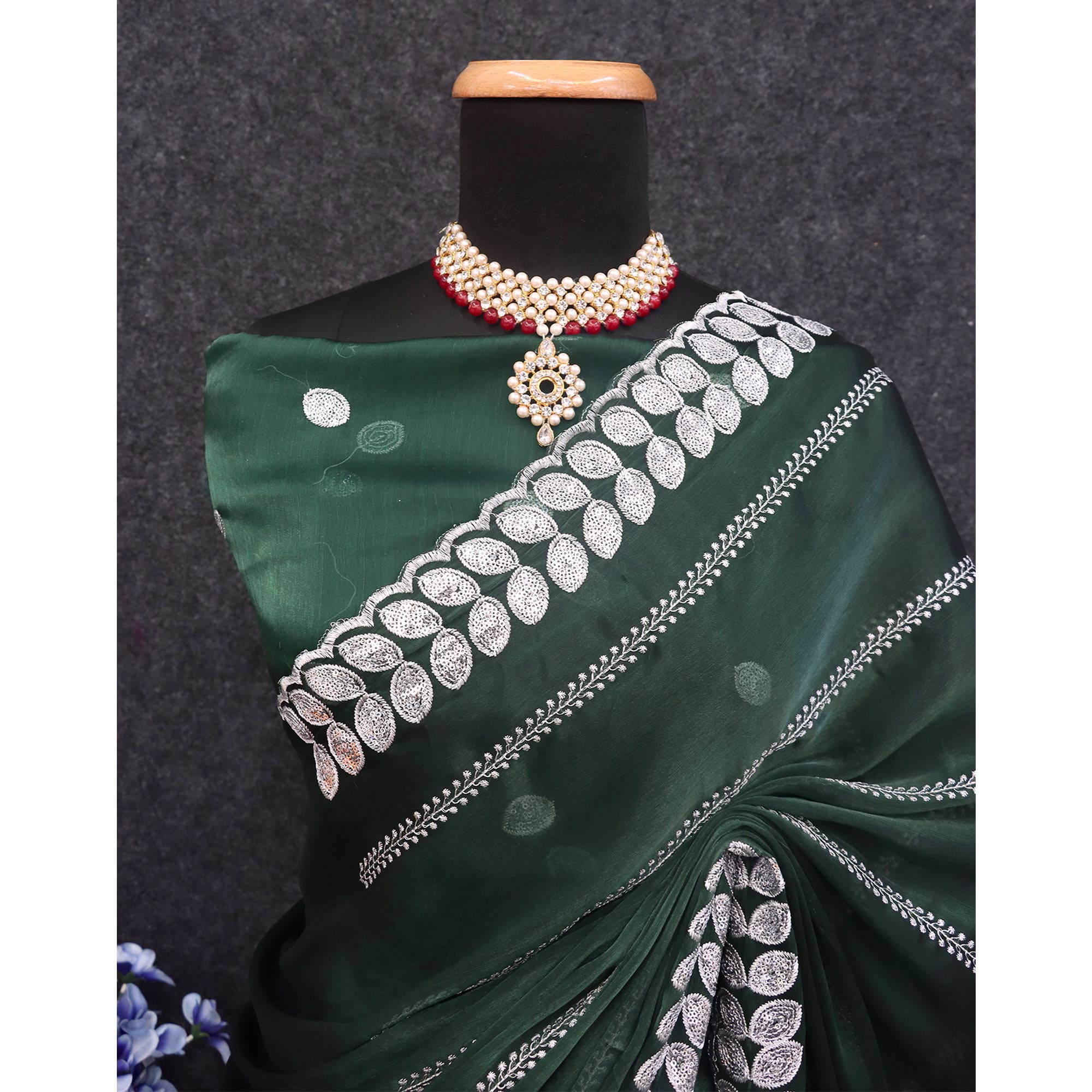 Peachmode Bottle Green Sequins Embroidered Chiffon Silk Saree - view 5