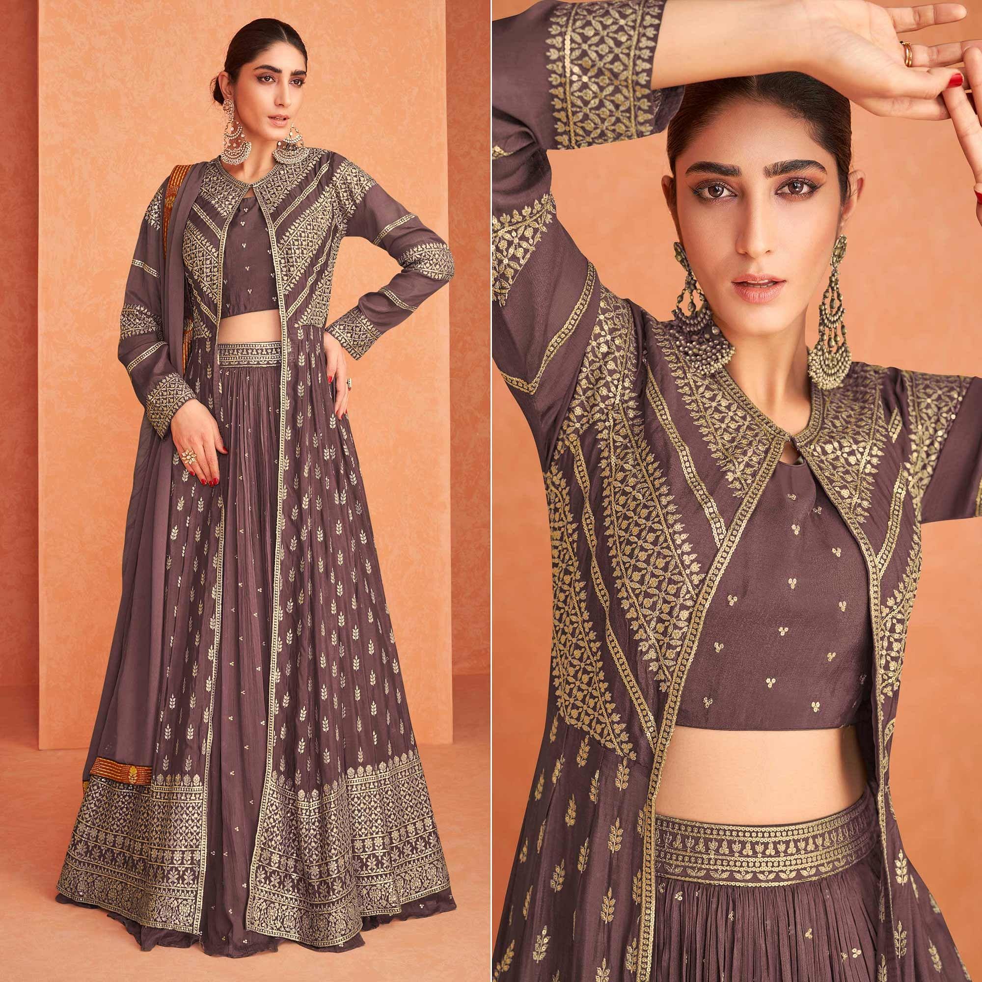 Peachmode Seller Brown Sequins Embroidered Georgette Lehenga Choli With Jacket