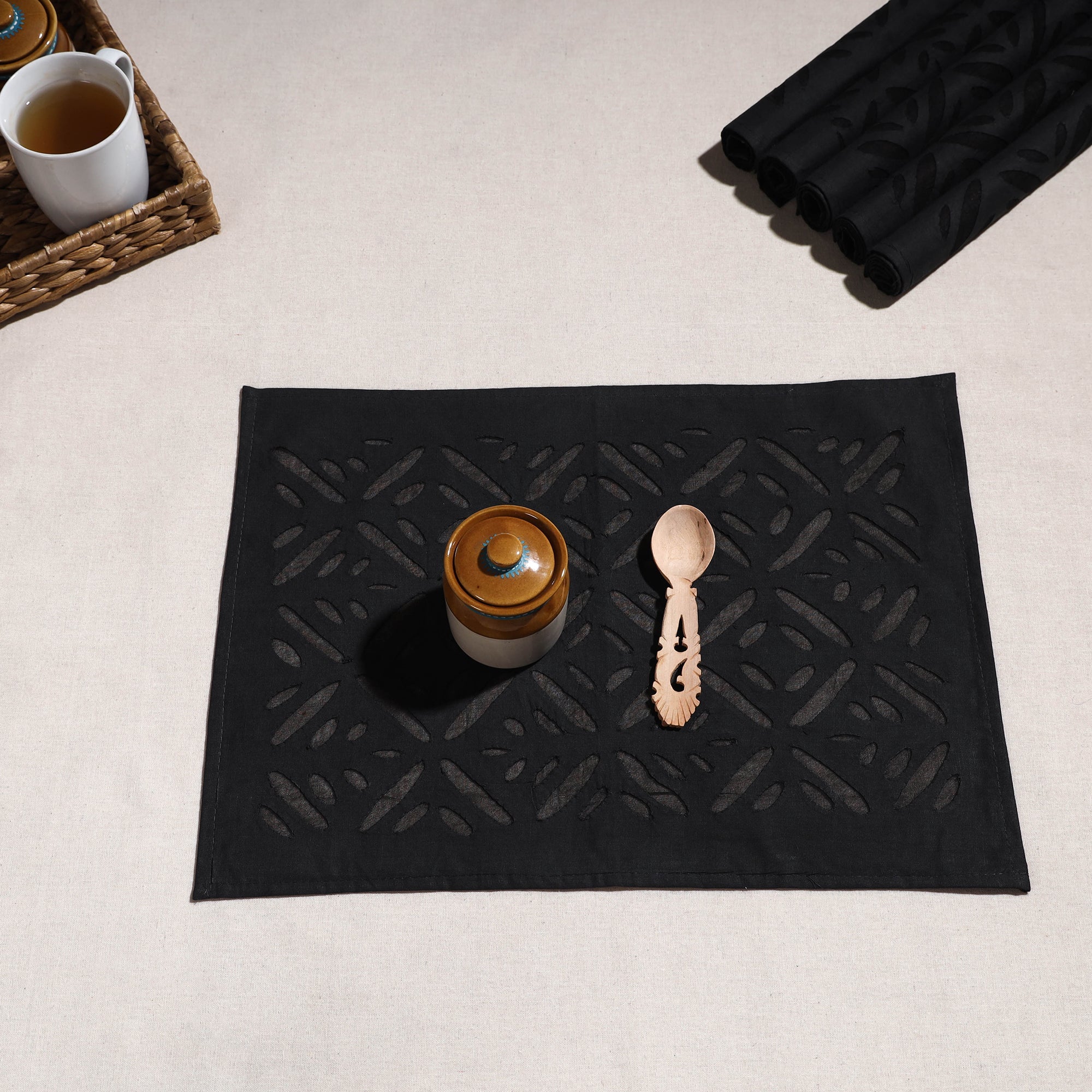 SHADES OF MARUDHARA Black - Applique Cut work Cotton Table Mats (set of 6) - view 3