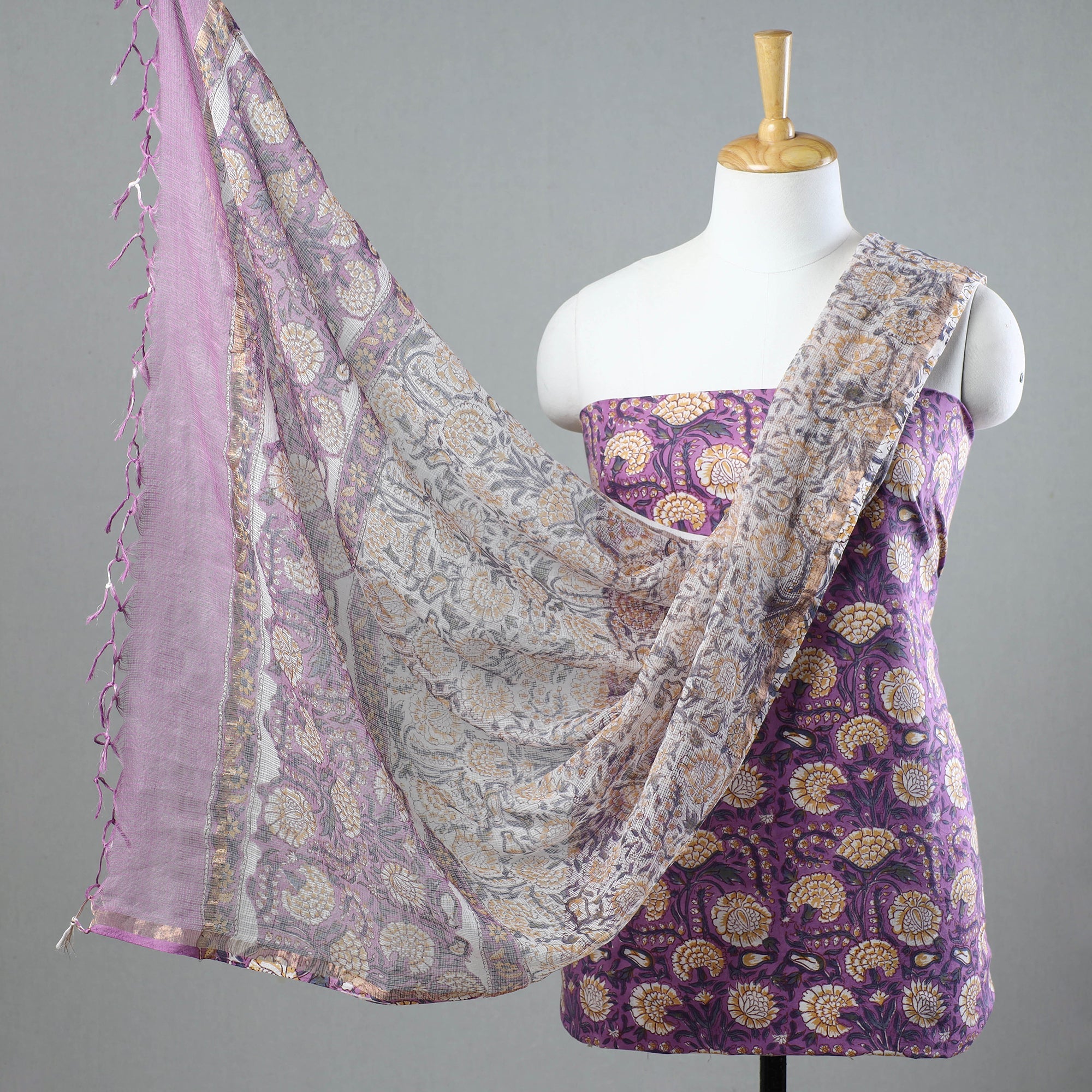 KUSUMLATA 3pc Sanganeri Block Printed Cotton Suit Material with Kota Doria Dupatta 03