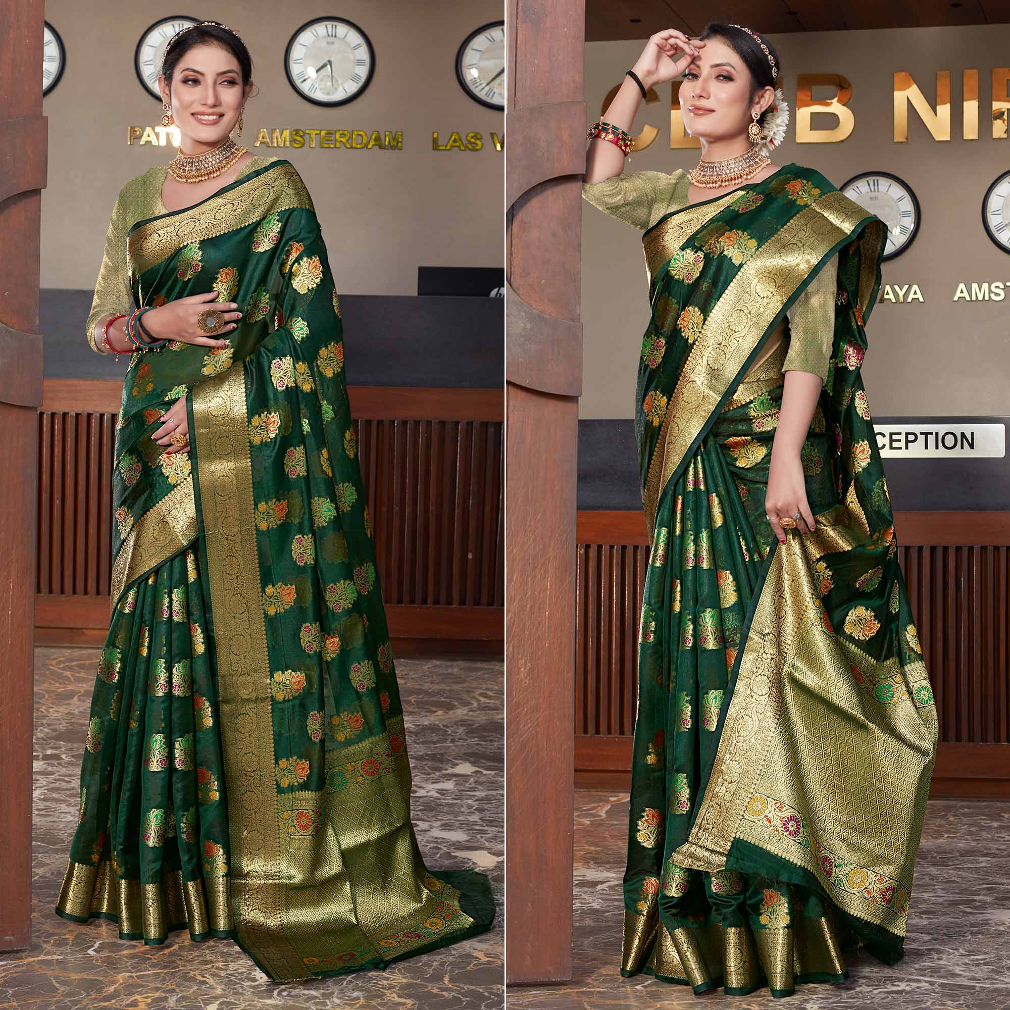 Peachmode Bottle Green Floral Woven Organza Saree