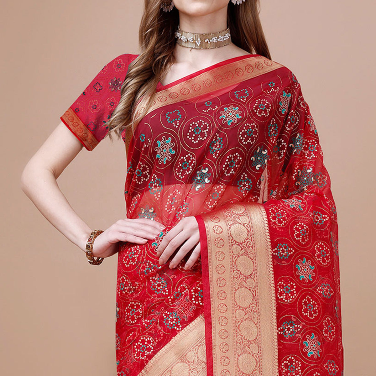 Peachmode Dark Red Bandhani Printed Organza Saree With Woven Border - view 3