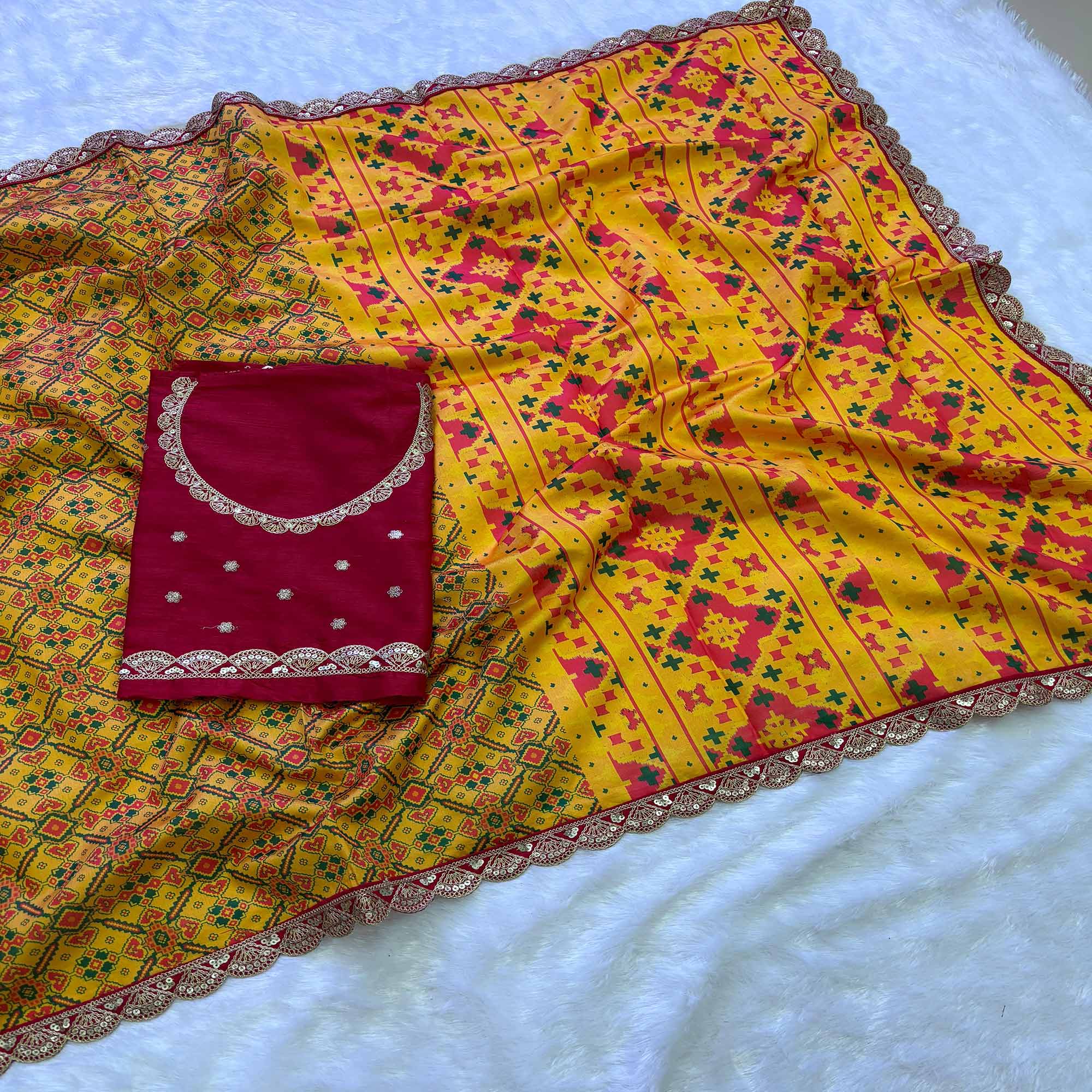Peachmode Mustard Printed Patola Tussar Silk Saree
