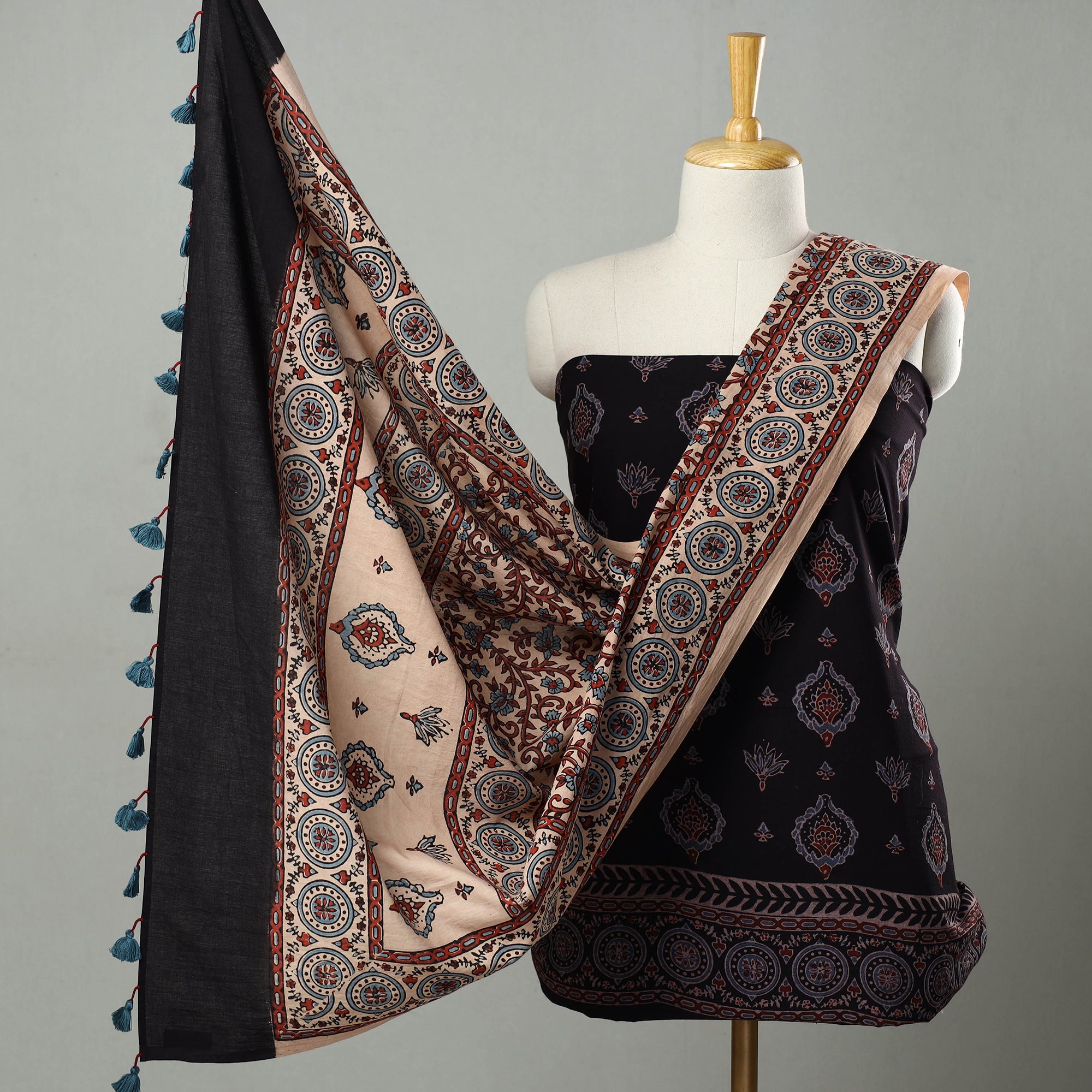 AJRAKH BY JABBAR KHATRI Black - Hand Block Print Cotton 3pc Ajrakh Dress Material 14