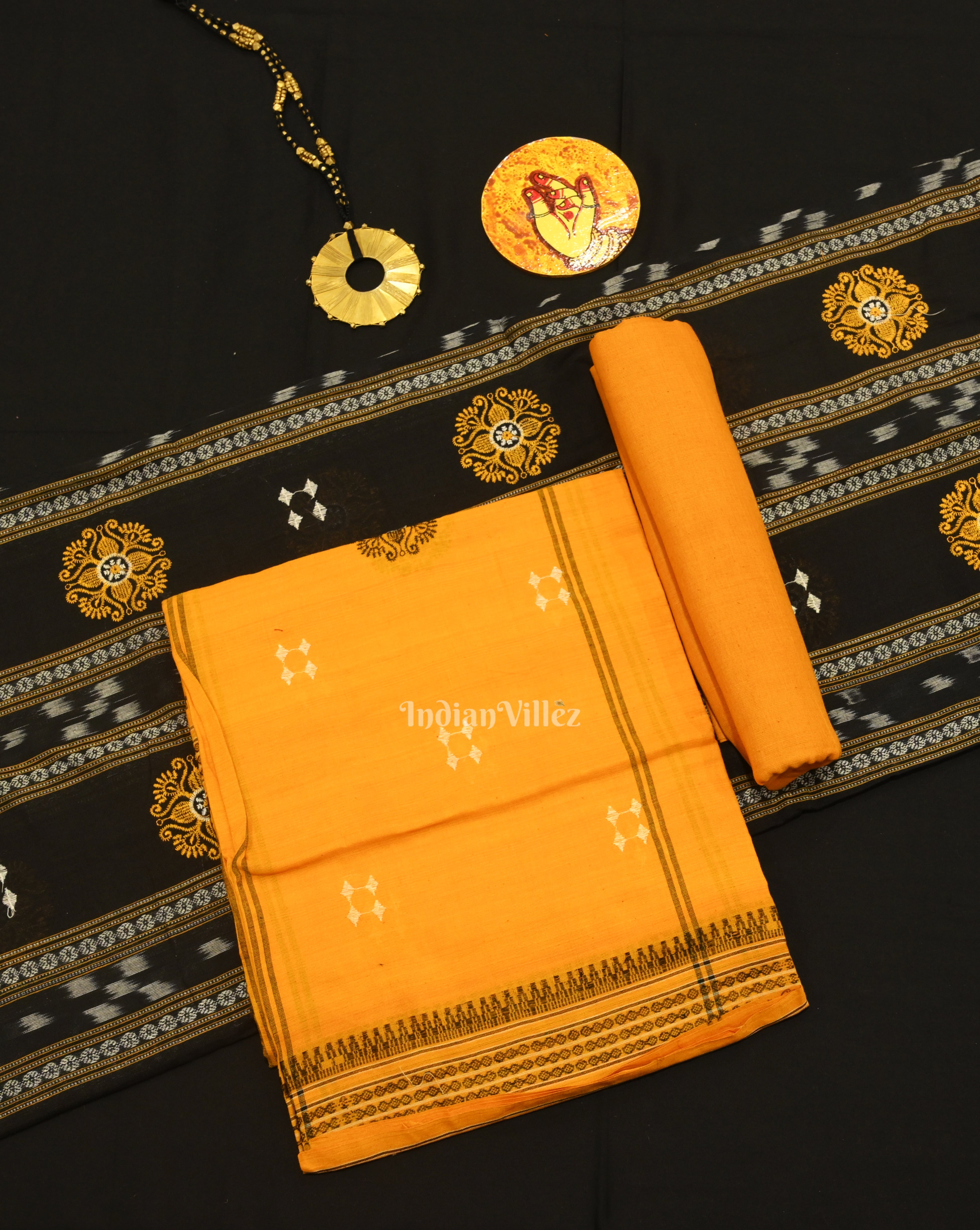 IndianVillèz Black yellow Sambalpuri Bomkai Cotton Dress set with Dupatta