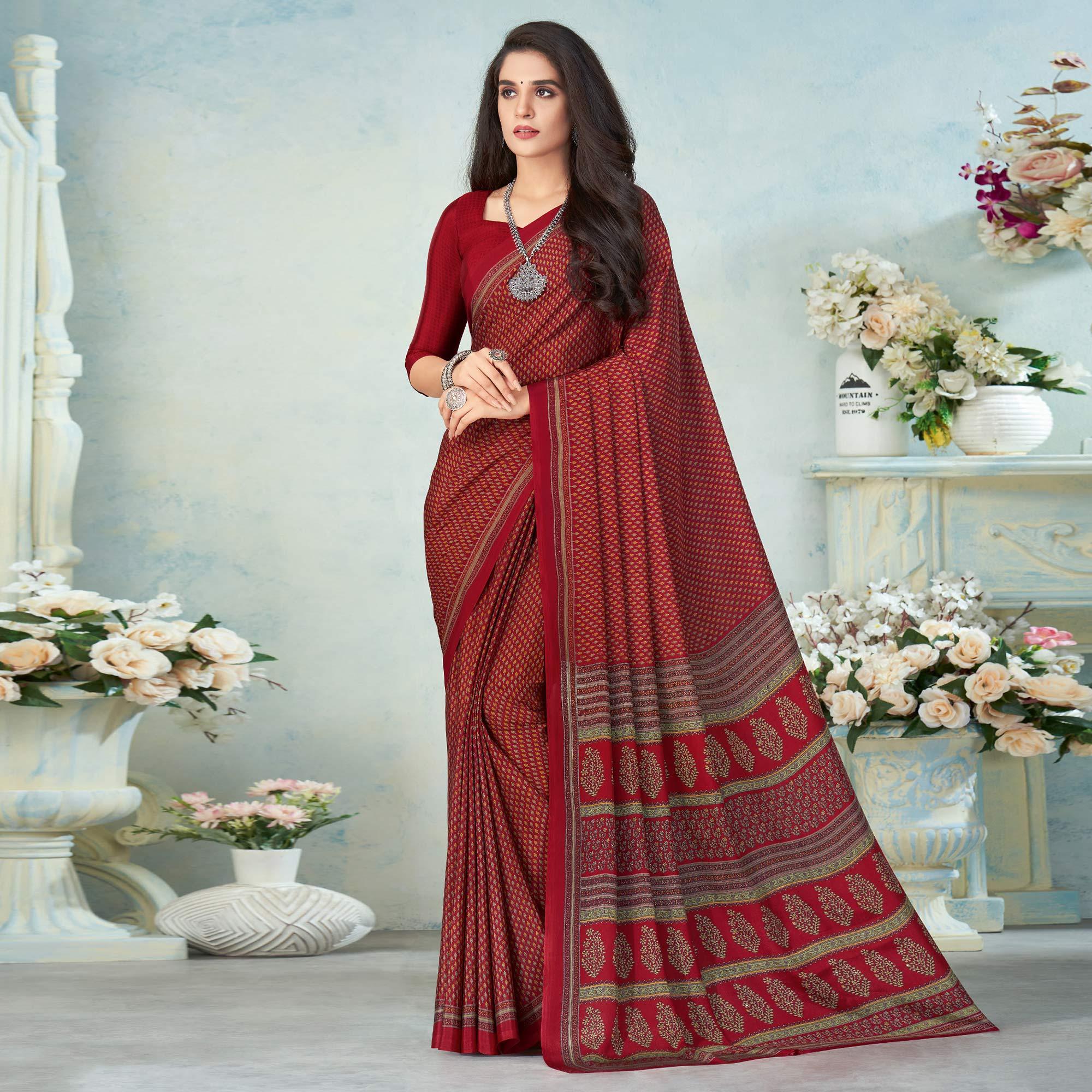 Peachmode Maroon Printed Raw Silk Saree – Women's