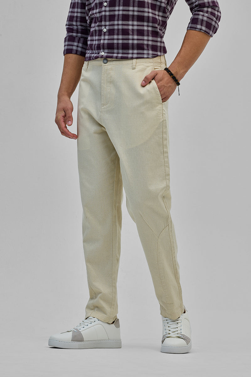 SNITCH Cream Textured Relaxed Fit Trousers