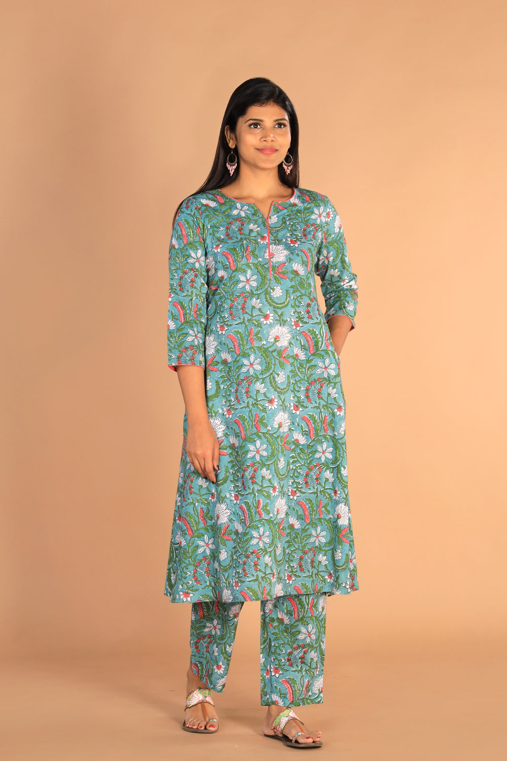 Kalanjali Ethnics Floral Sanganeri hand block printed cotton dress