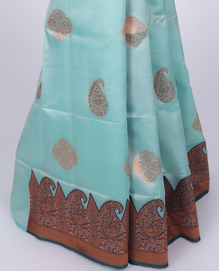 Pothys Pastel blue butter silk saree with zari buttas, contrast border of paisleys & peacock & ogee patterned pallu - view 3