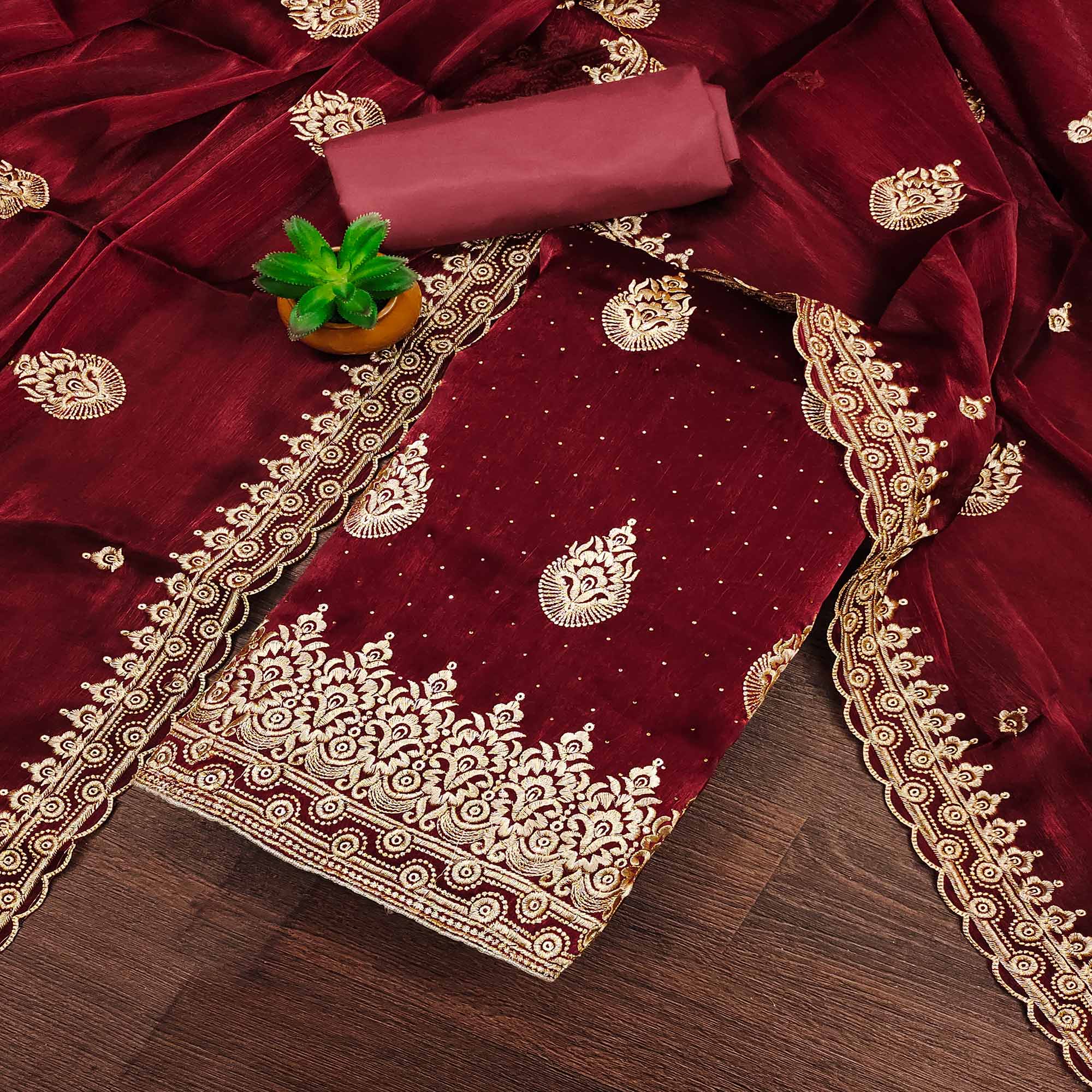 Peachmode Maroon Embroidery With Stonework Mulberry Dress Material
