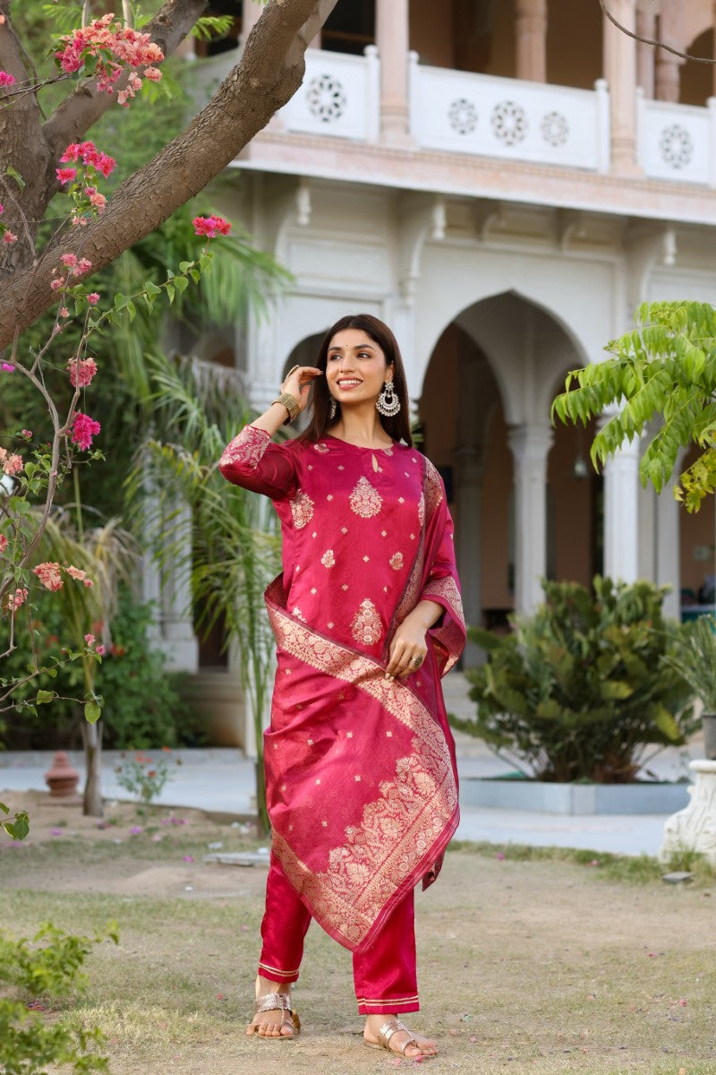 AHIKA Women Maroon Woven Design Kurta Trousers With Dupatta PKSKD1193 - view 6