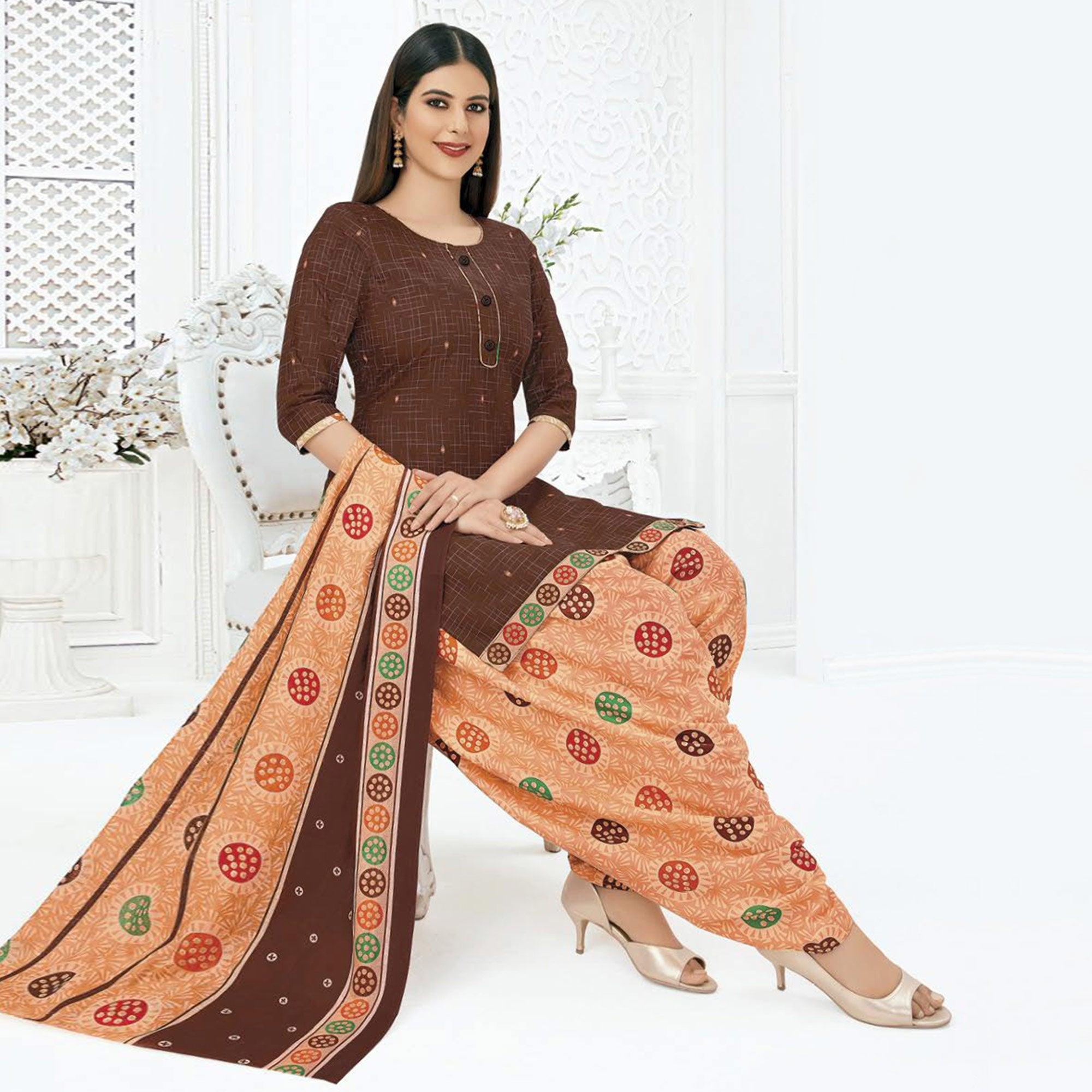 Peachmode Brown Printed Pure Cotton Stitched Patiala Suit