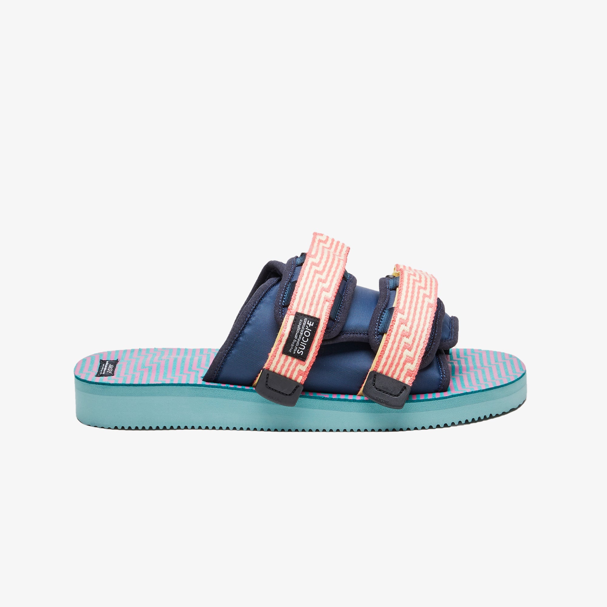 Suicoke | MOTO JACQUARD TOUCH-STRAP { NAVY BLUE/CORAL PINK/SEA GREEN - view 4
