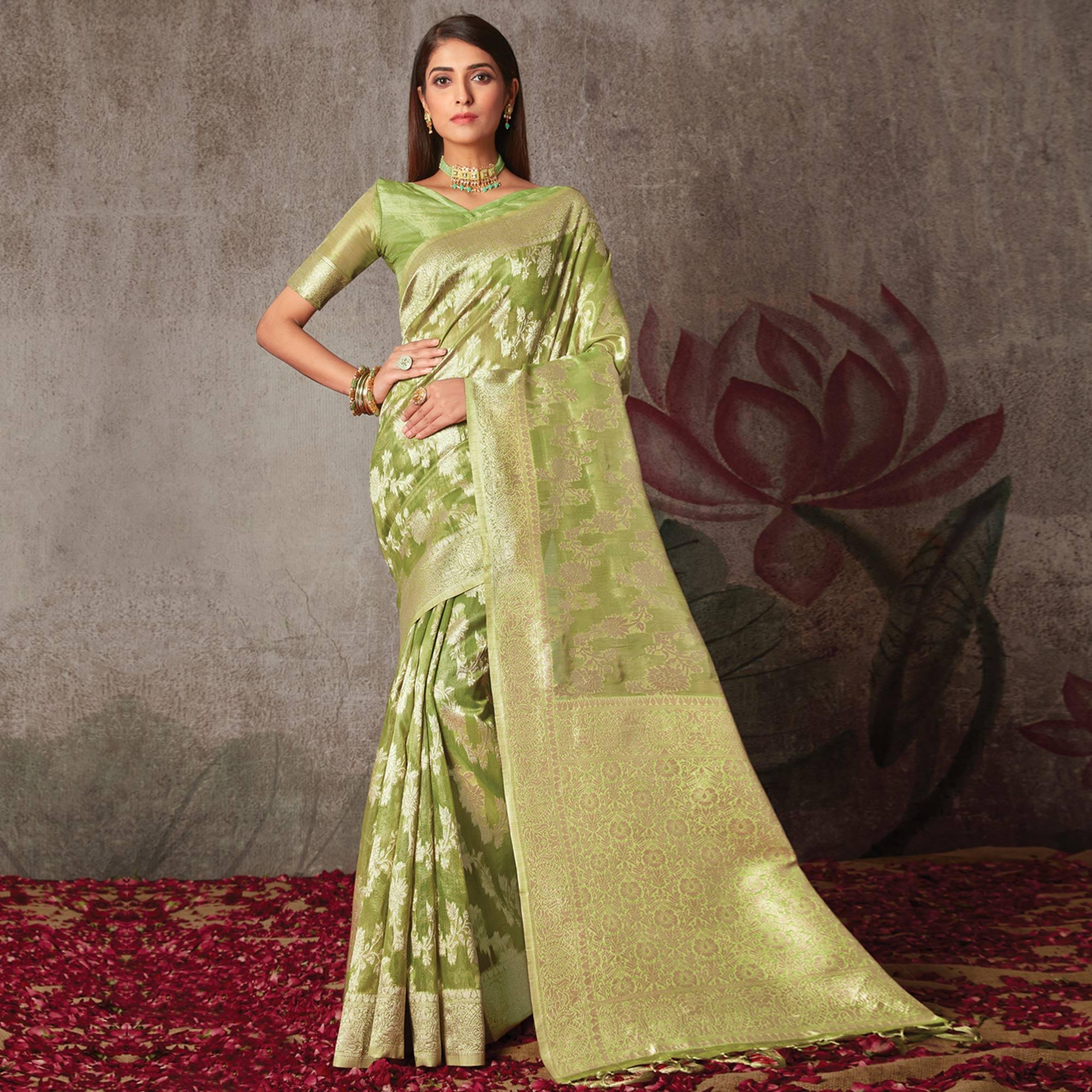 Peachmode Mint Green Woven Art Silk Saree With Tassels