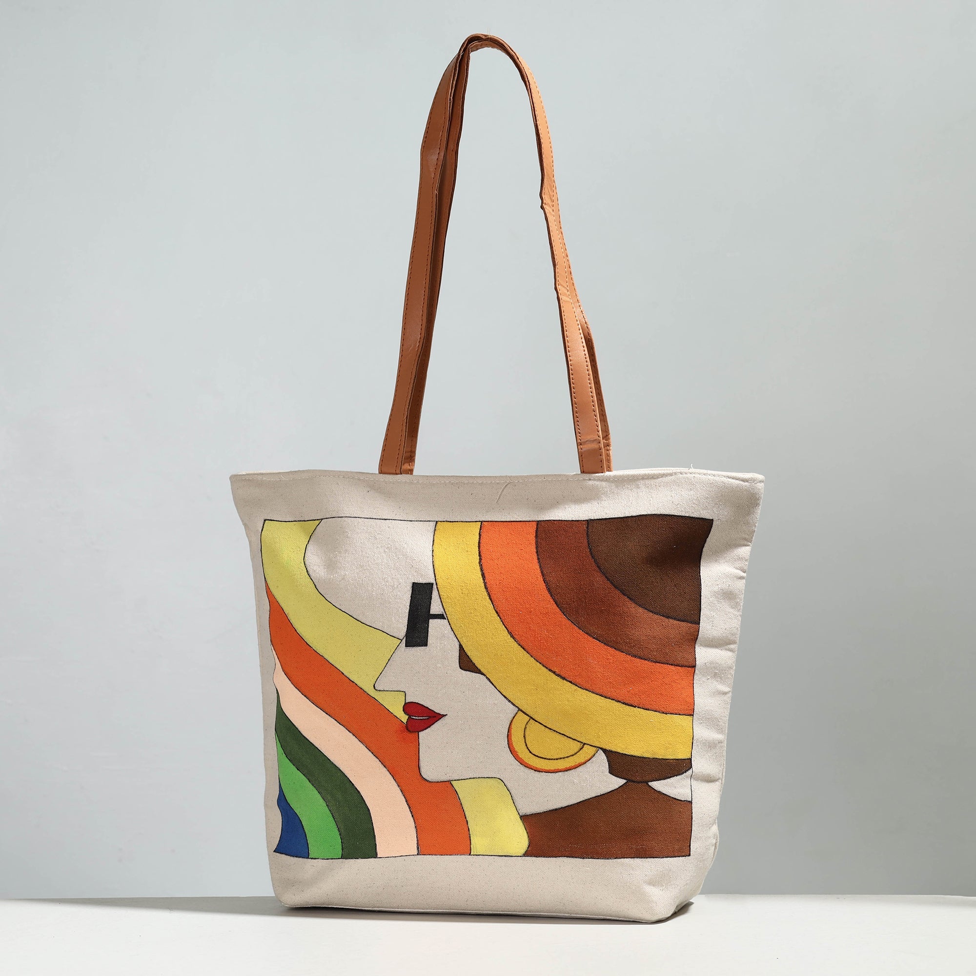 KHUSHBASH - HAPPY LOOM OF EAST Beige - Modern Art - Handpainted Canvas Cotton Shoulder Bag