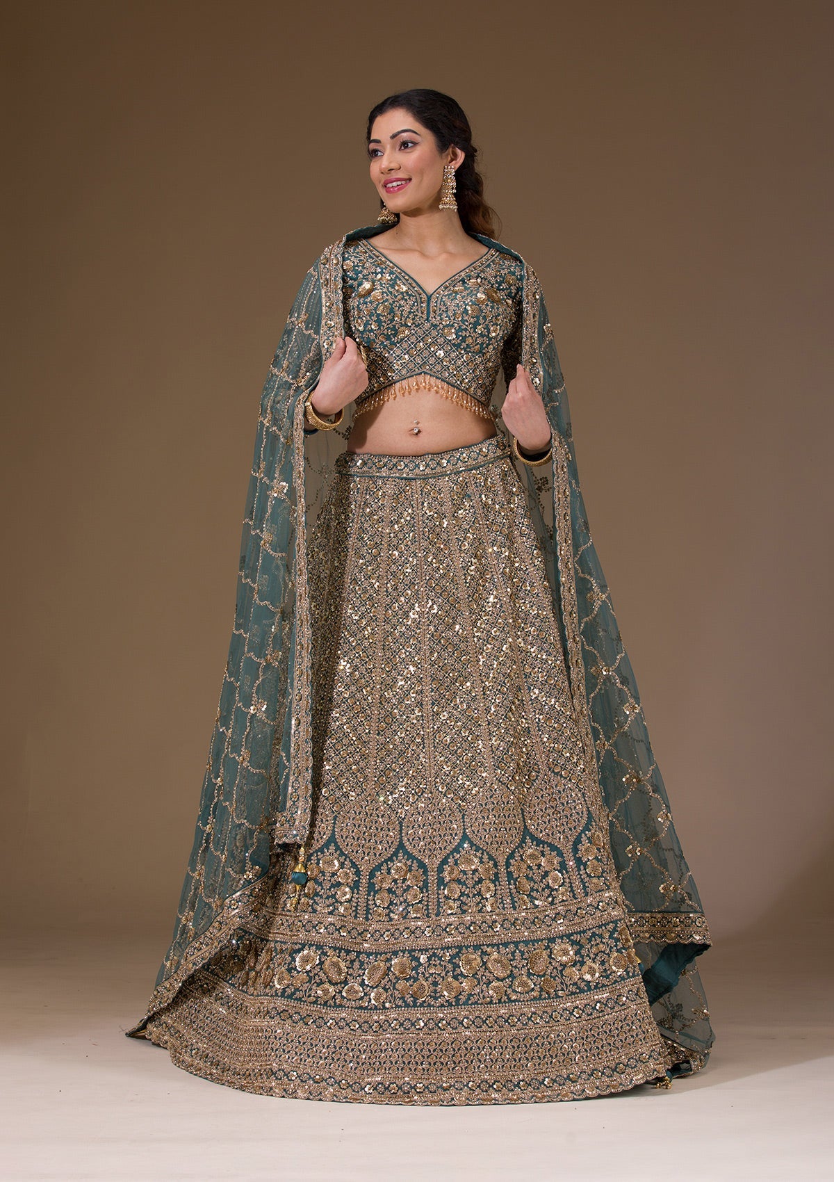 Koskii Turquoise Blue Sequins Net Readymade Lehenga