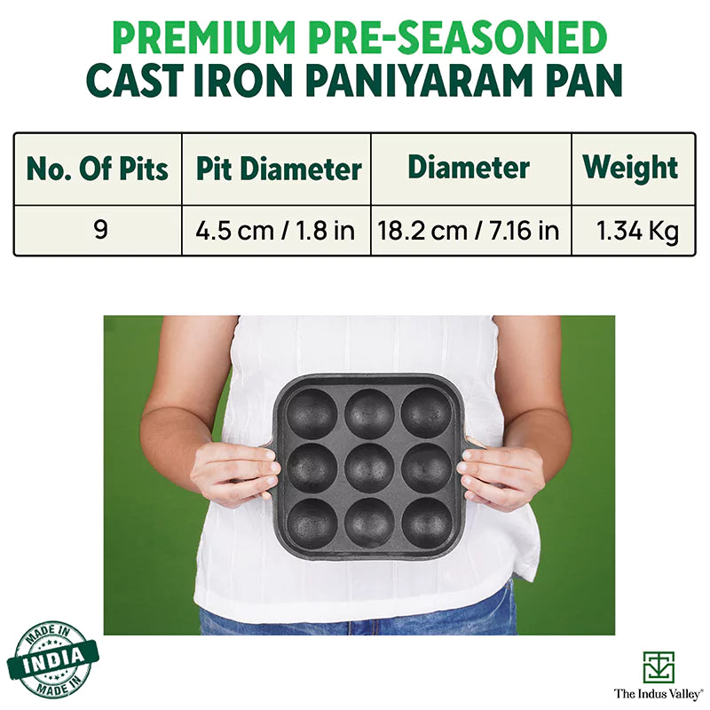 The Indus Valley 9 Pit/Cup CASTrong Cast Iron Paniyaram/Appe Pan+ Free Spatula, Pre-seasoned, Natural Nonstick, 100% Pure, Toxin-free, 24 cm, 1.34 kg - view 4