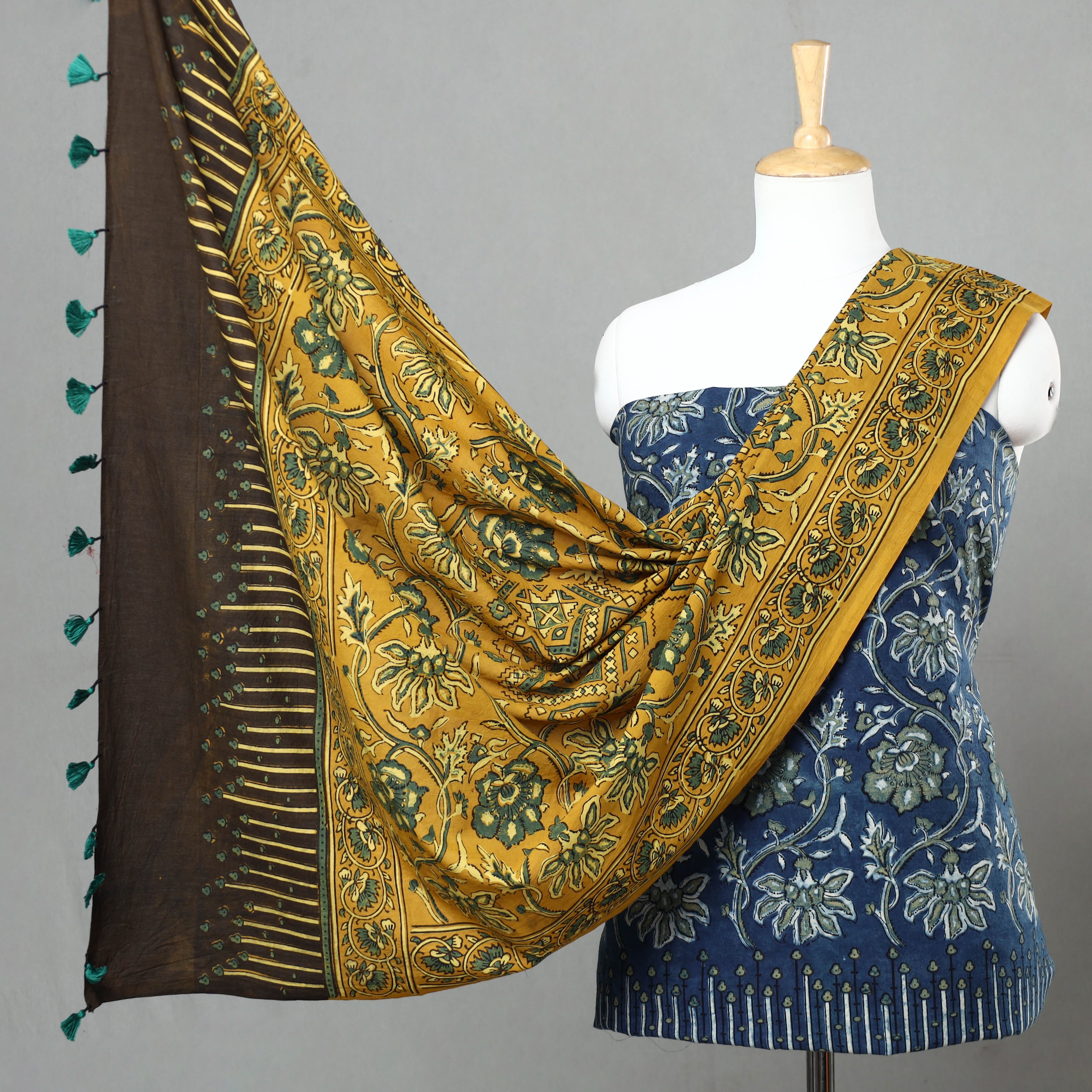AJRAKH BY JABBAR KHATRI Blue - 3pc Ajrakh Block Printed Natural Dyed Cotton Suit Material Set 13