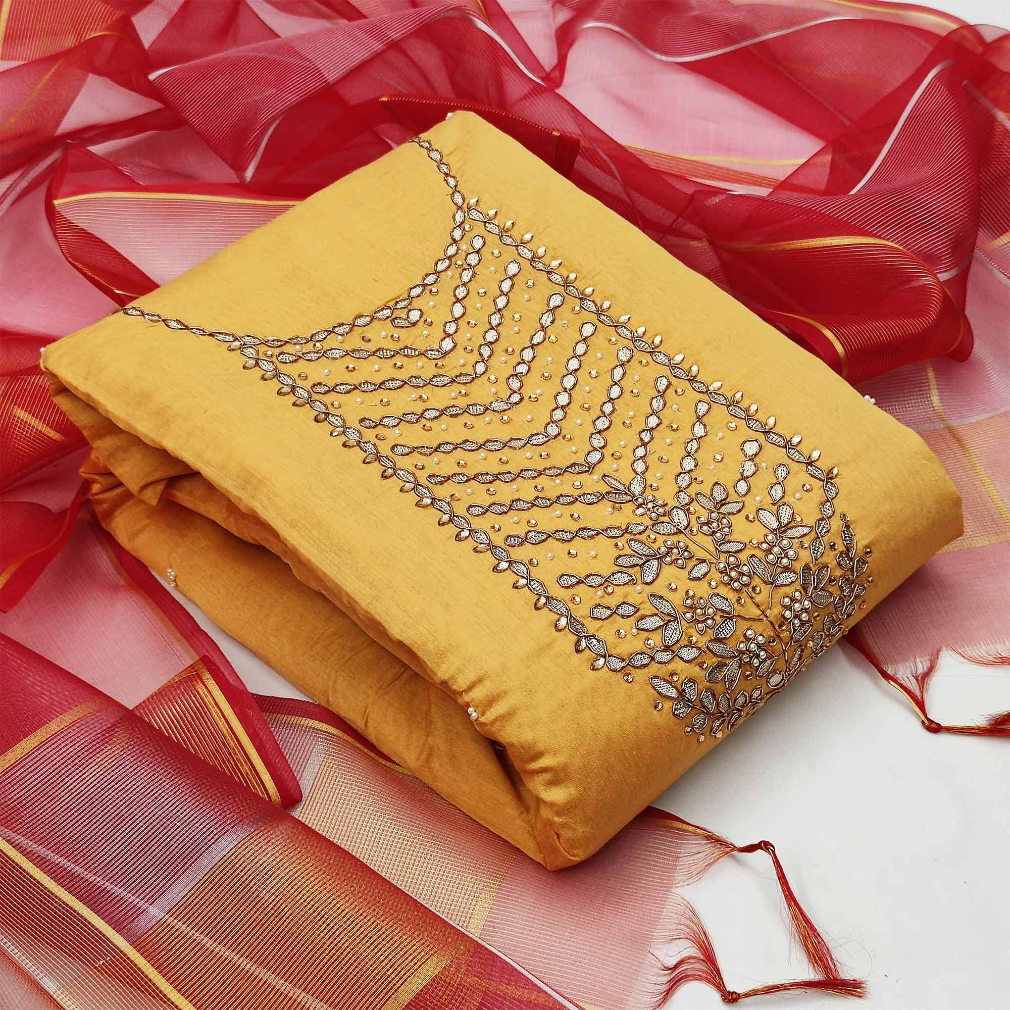 Peachmode Mesmeric Yellow Colored Festive Wear Handwork Modal Chanderi Dress Material