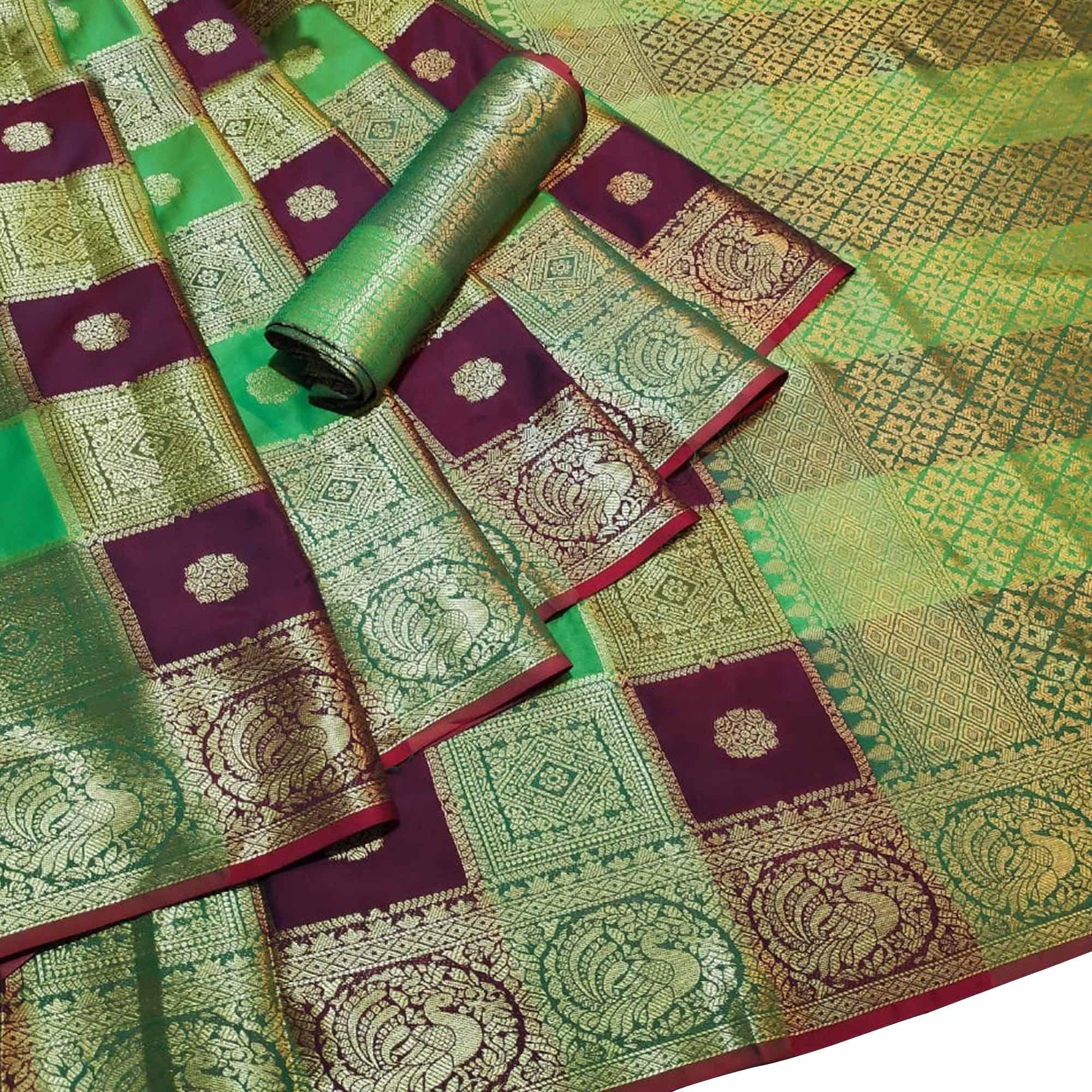 Peachmode Desirable Multi-Green Colored Festive Wear Woven Silk Saree
