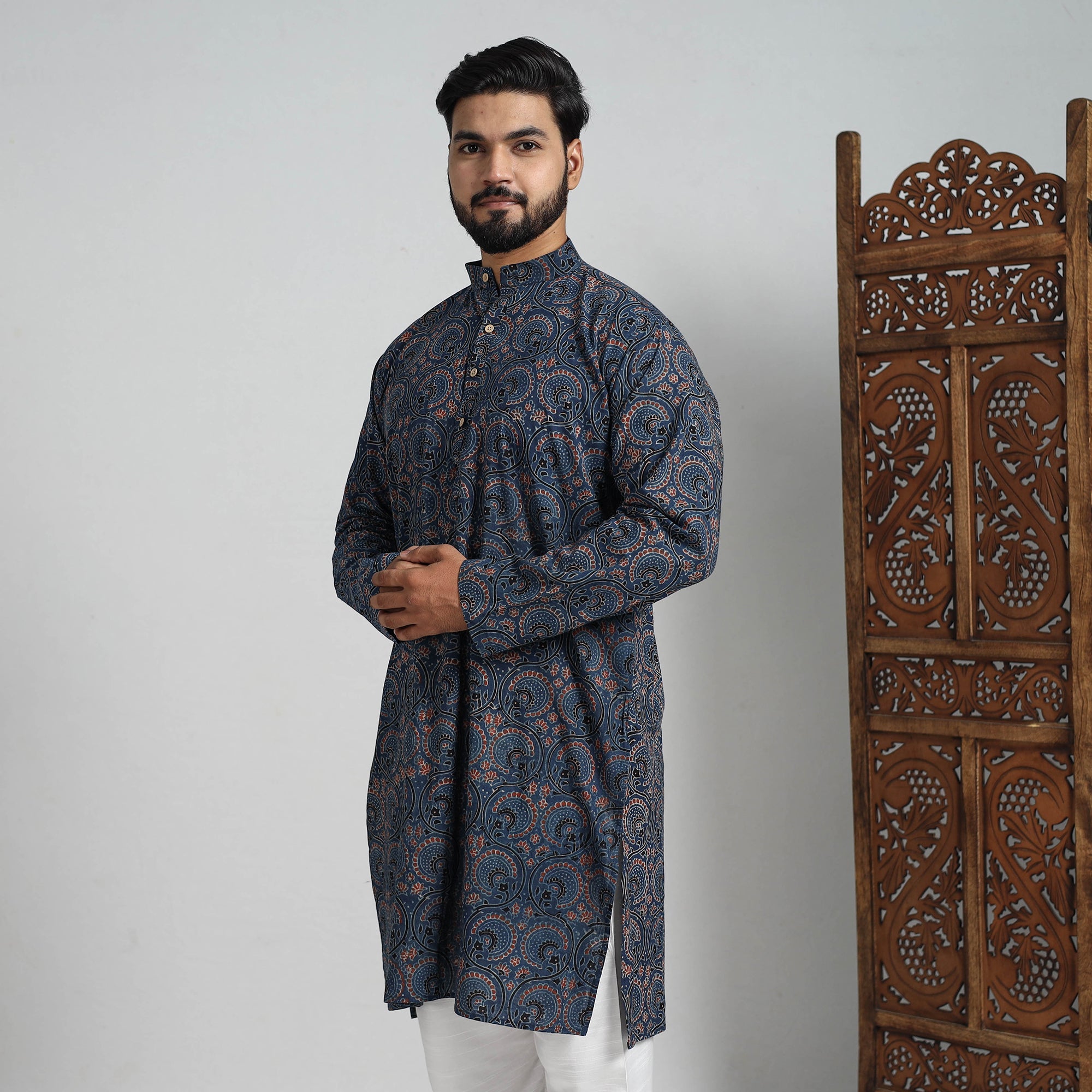 ITOKRI CASUALS Ajrakh Block Printed Cotton Men Long Kurta 19 - view 4