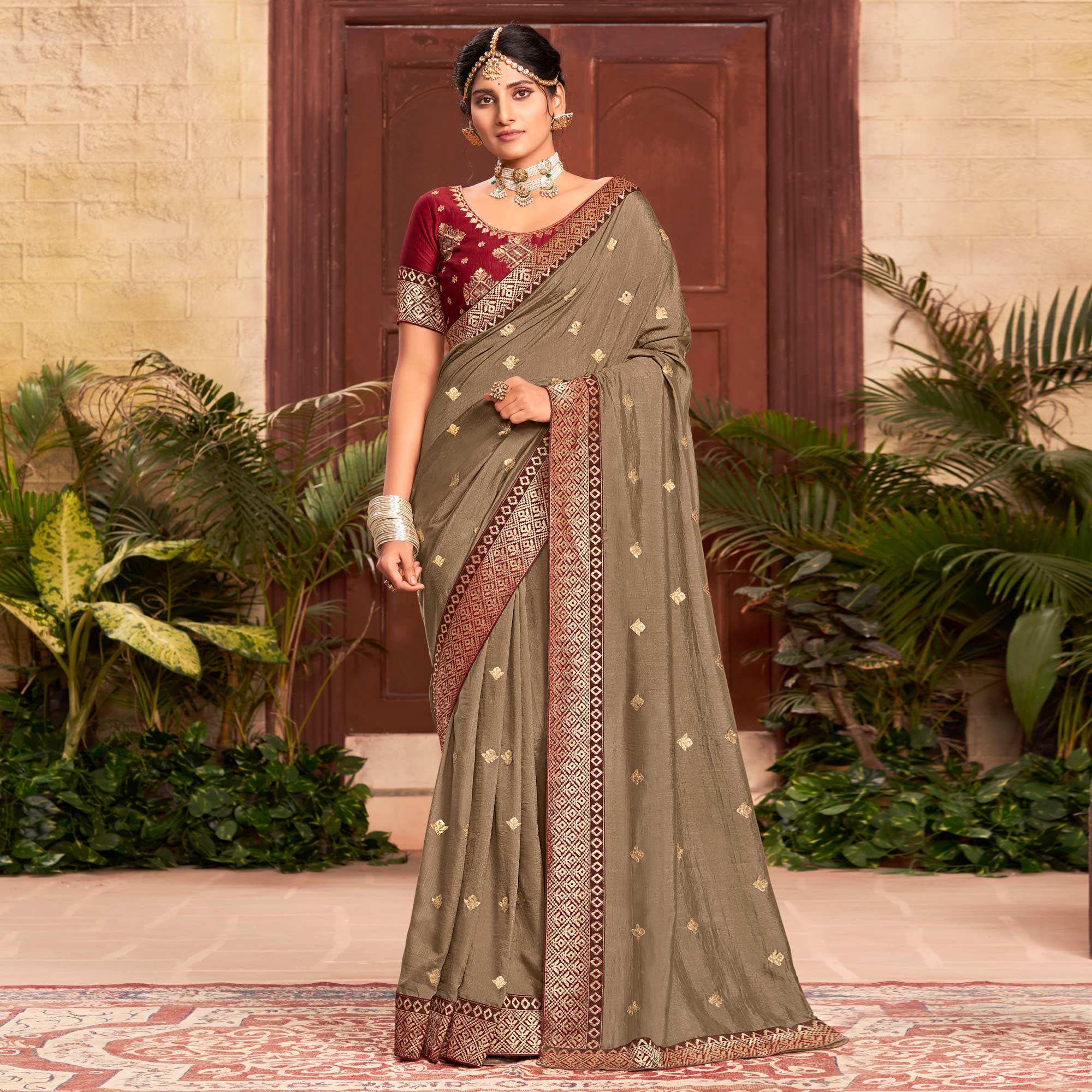 Peachmode Brown Embroidered With Embellished Vichitra Silk Saree