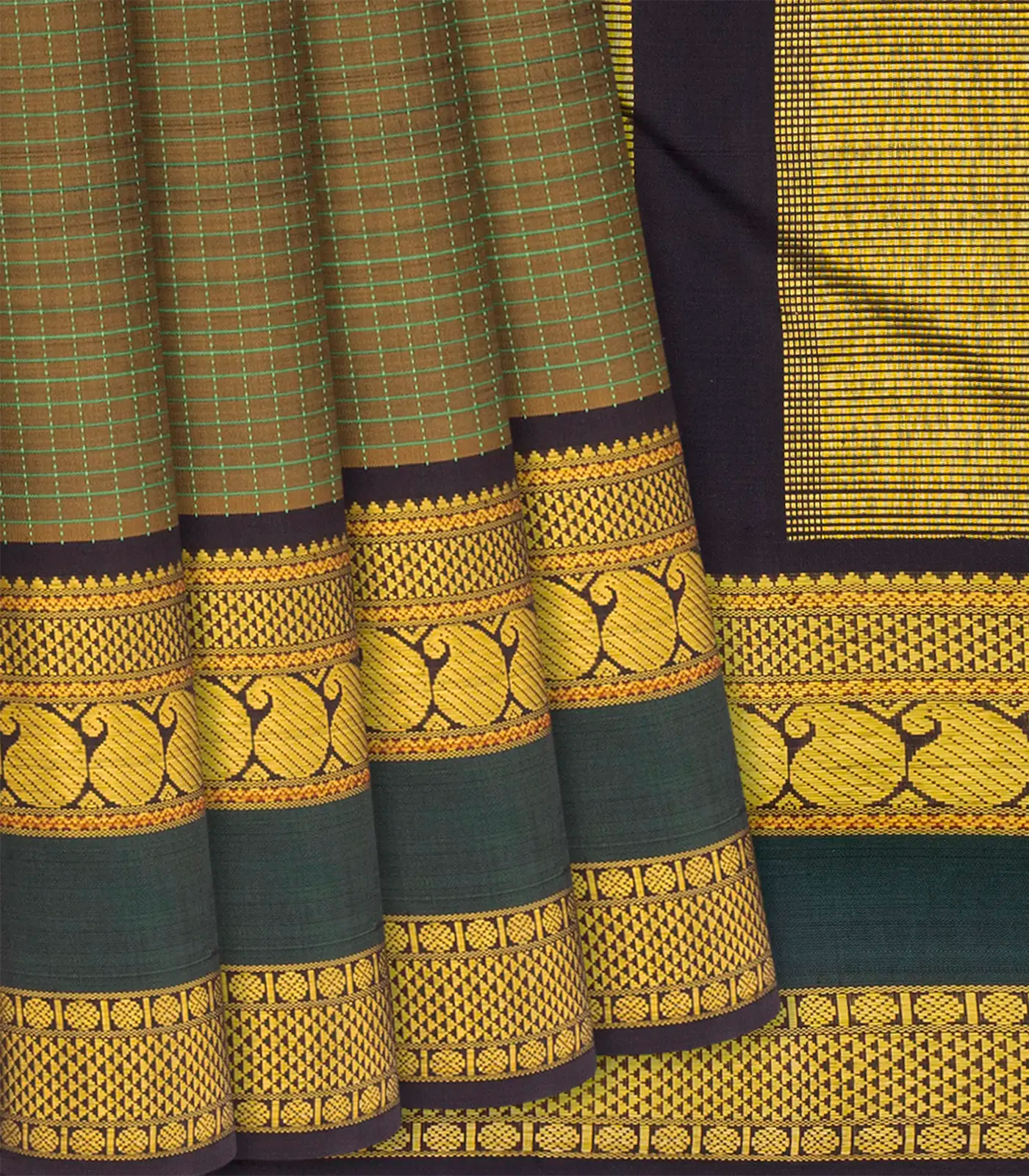 RmKV Olive Green Handloom Kanchipuram Korvai Silk Saree With Checks-Olive Green
