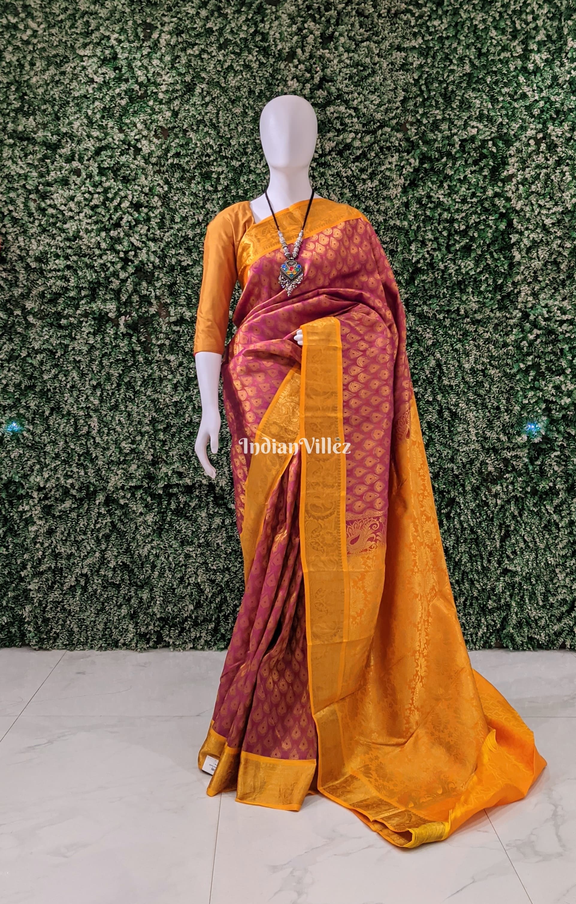 IndianVillèz Rose Pink Golden Pure Kanjivaram Silk Saree