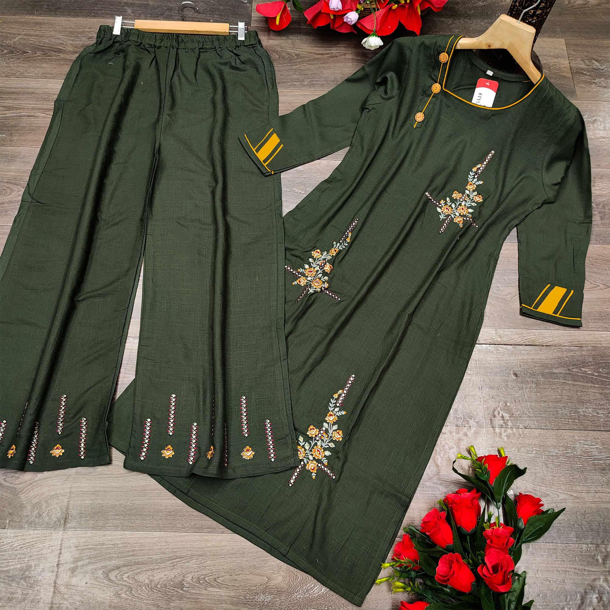 Peachmode Seller Dark Mehendi Green Casual Wear Embroidered Heavy Rayon Kurti - Palazzo Set - view 2