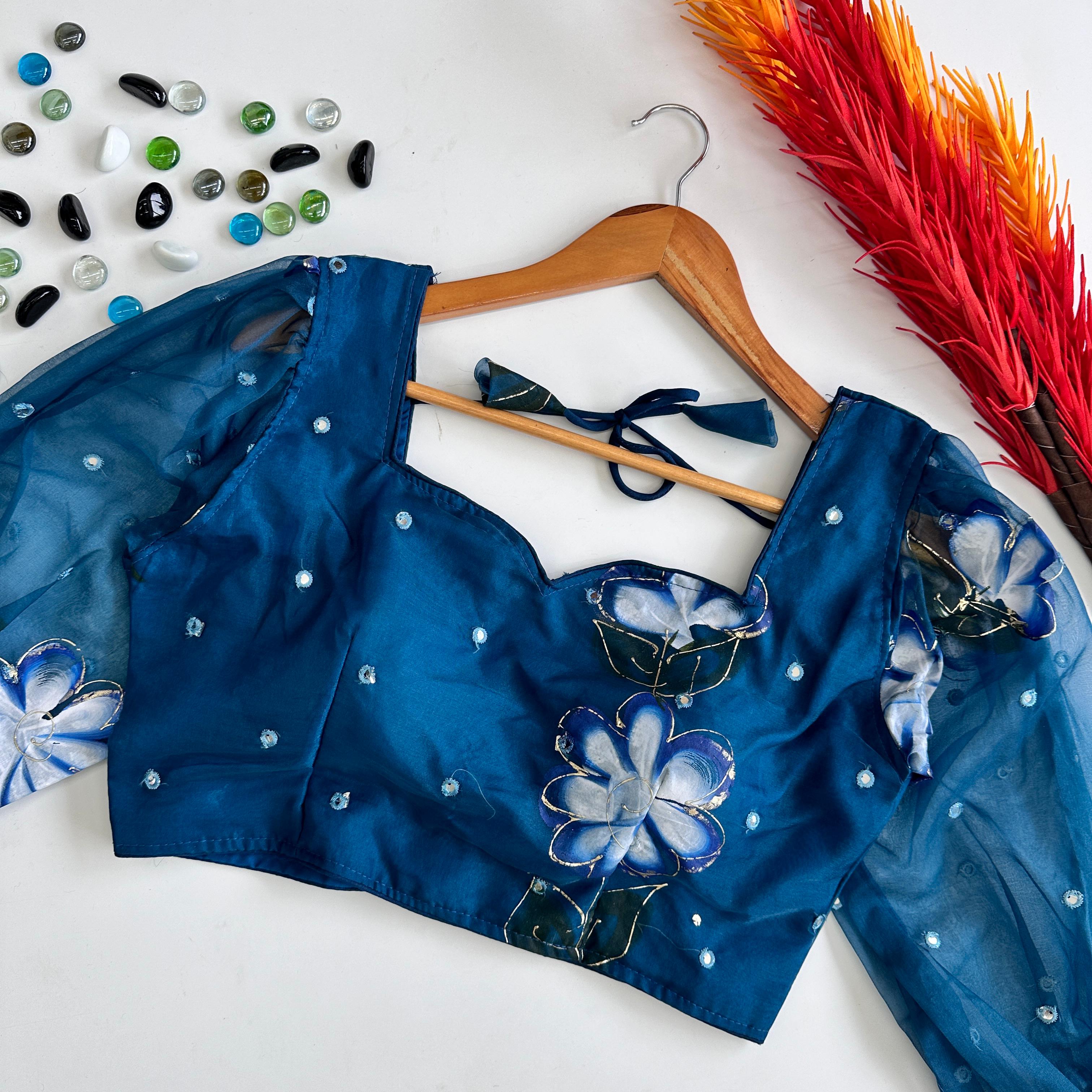 ClothsVilla Blue Hand-Painted Organza Silk Blouse with Embroidery Accents - view 2
