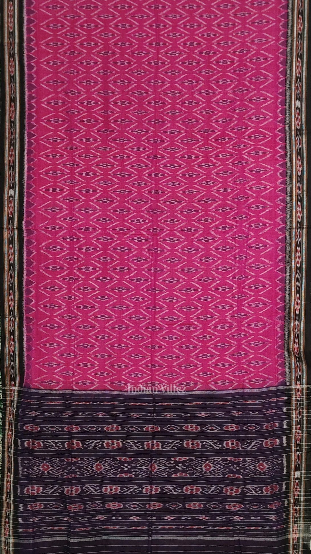 IndianVillèz Pink Black Odisha Ikat Maniabandha Cotton Saree